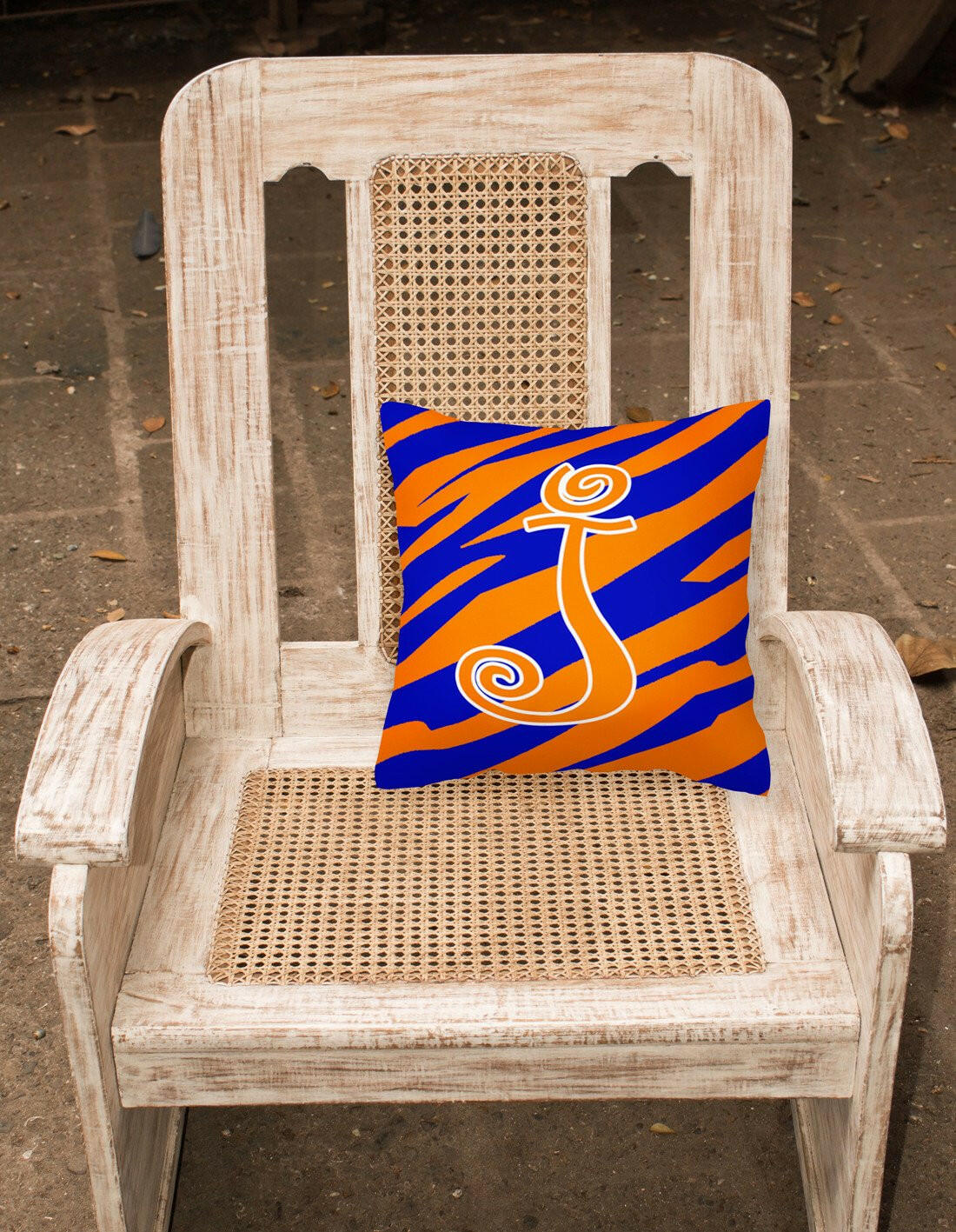 Monogram Initial J Tiger Stripe Blue and Orange Decorative Canvas Fabric Pillow - the-store.com
