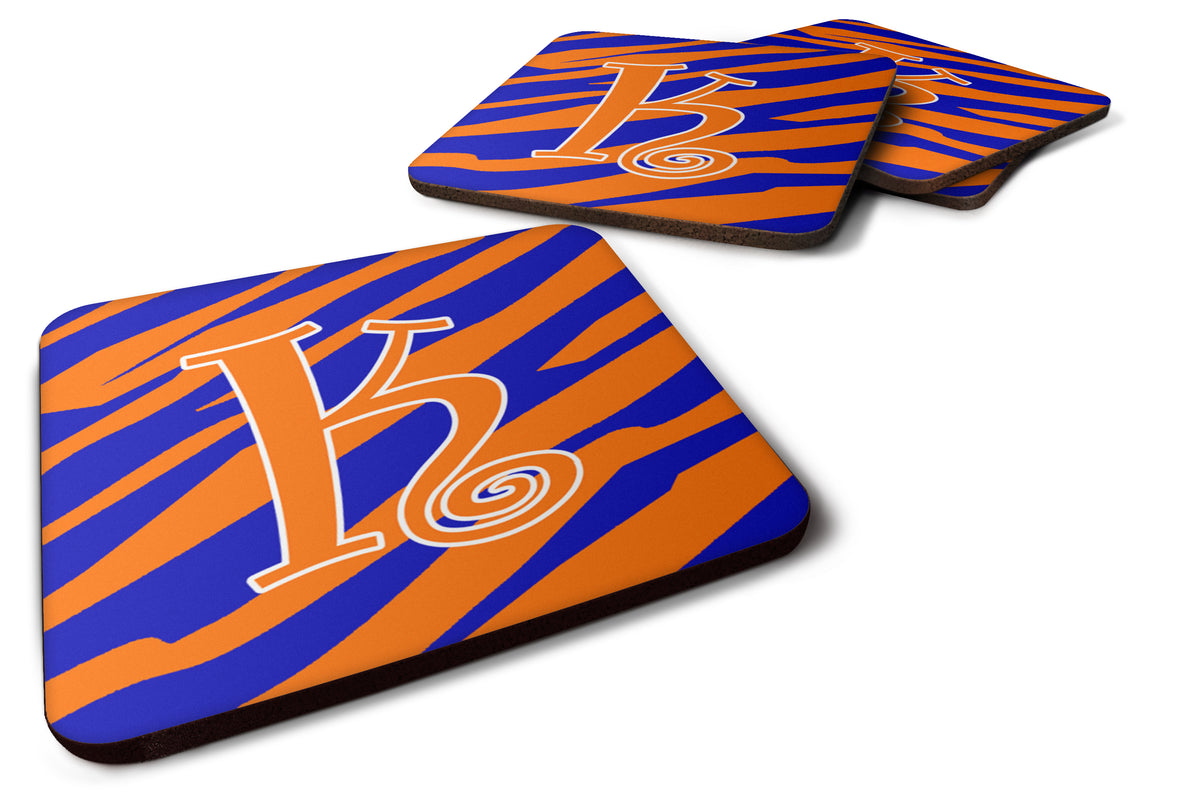 Set of 4 Monogram - Tiger Stripe Blue and Orange Foam Coasters Initial Letter K - the-store.com