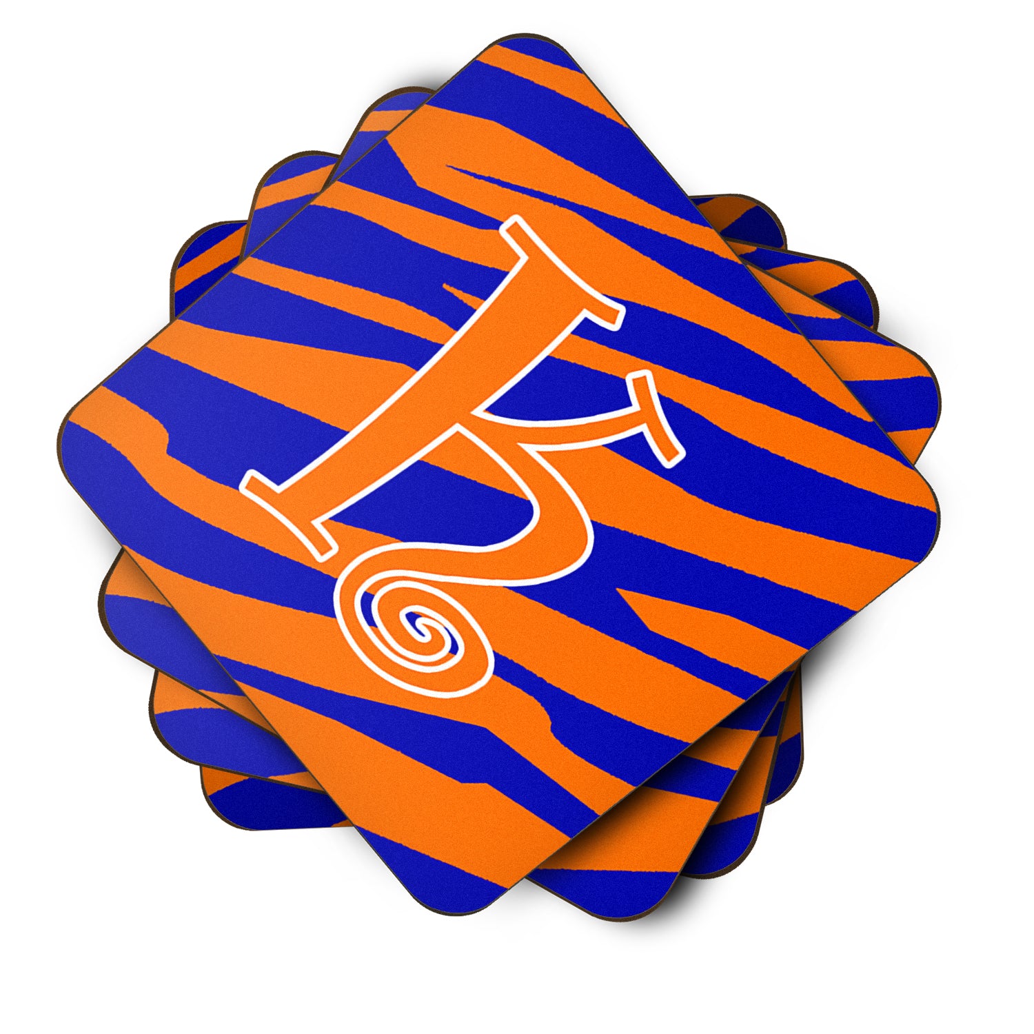 Set of 4 Monogram - Tiger Stripe Blue and Orange Foam Coasters Initial Letter K - the-store.com
