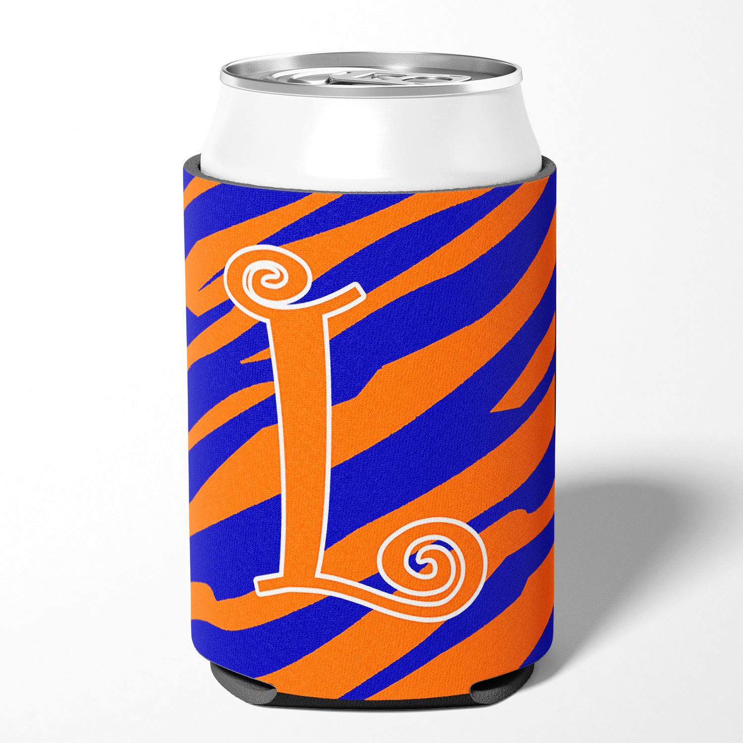 Letter L Initial Monogram - Tiger Stripe Blue and Orange Can Beverage Insulator Hugger