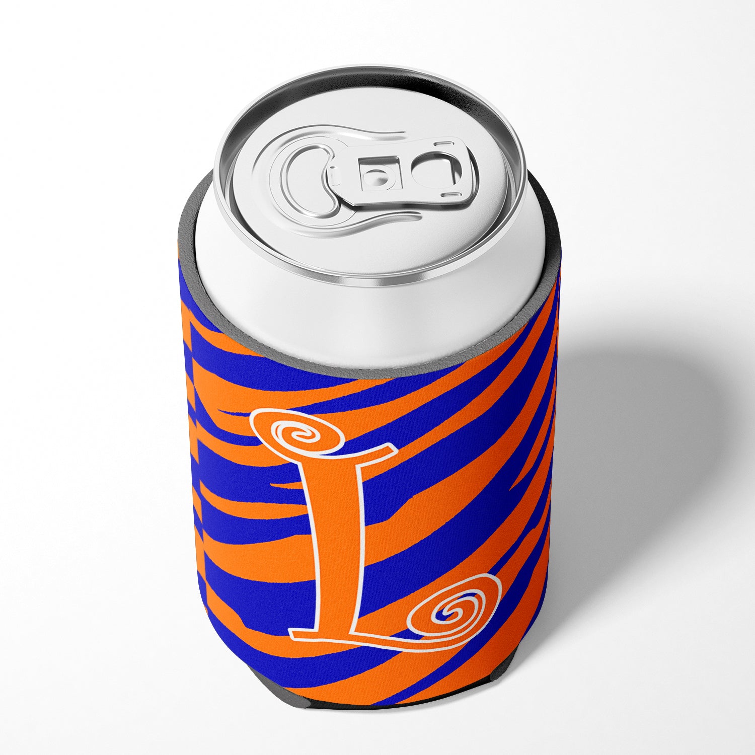 Letter L Initial Monogram - Tiger Stripe Blue and Orange Can Beverage Insulator Hugger