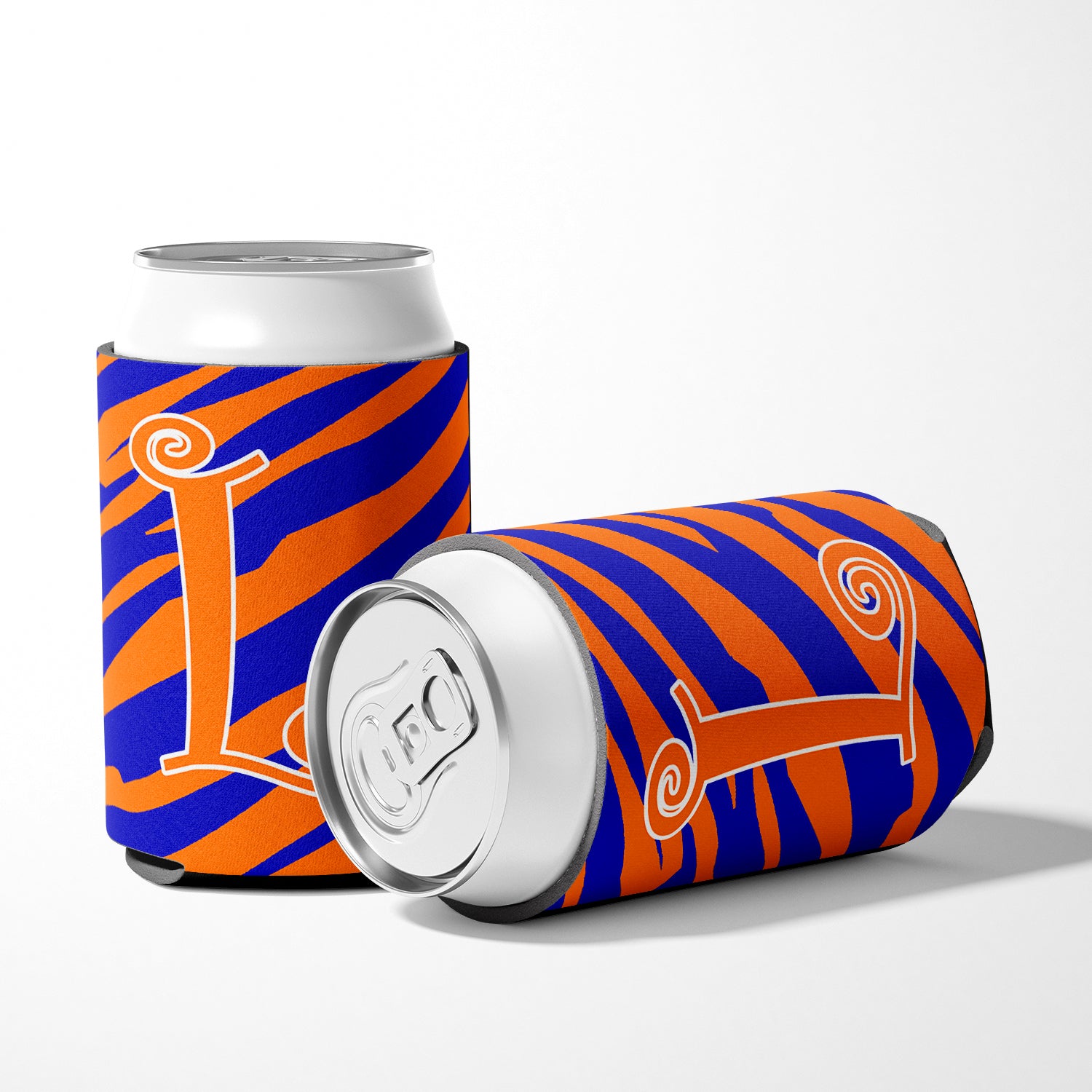 Letter L Initial Monogram - Tiger Stripe Blue and Orange Can Beverage Insulator Hugger.