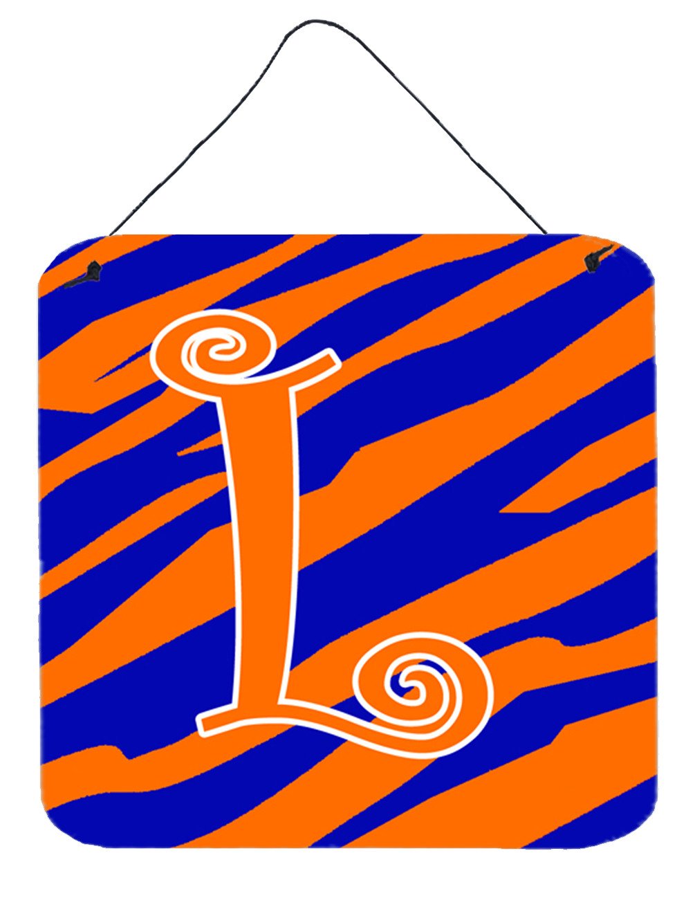 Letter L Initial Tiger Stripe Blue and Orange Wall or Door Hanging Prints by Caroline's Treasures