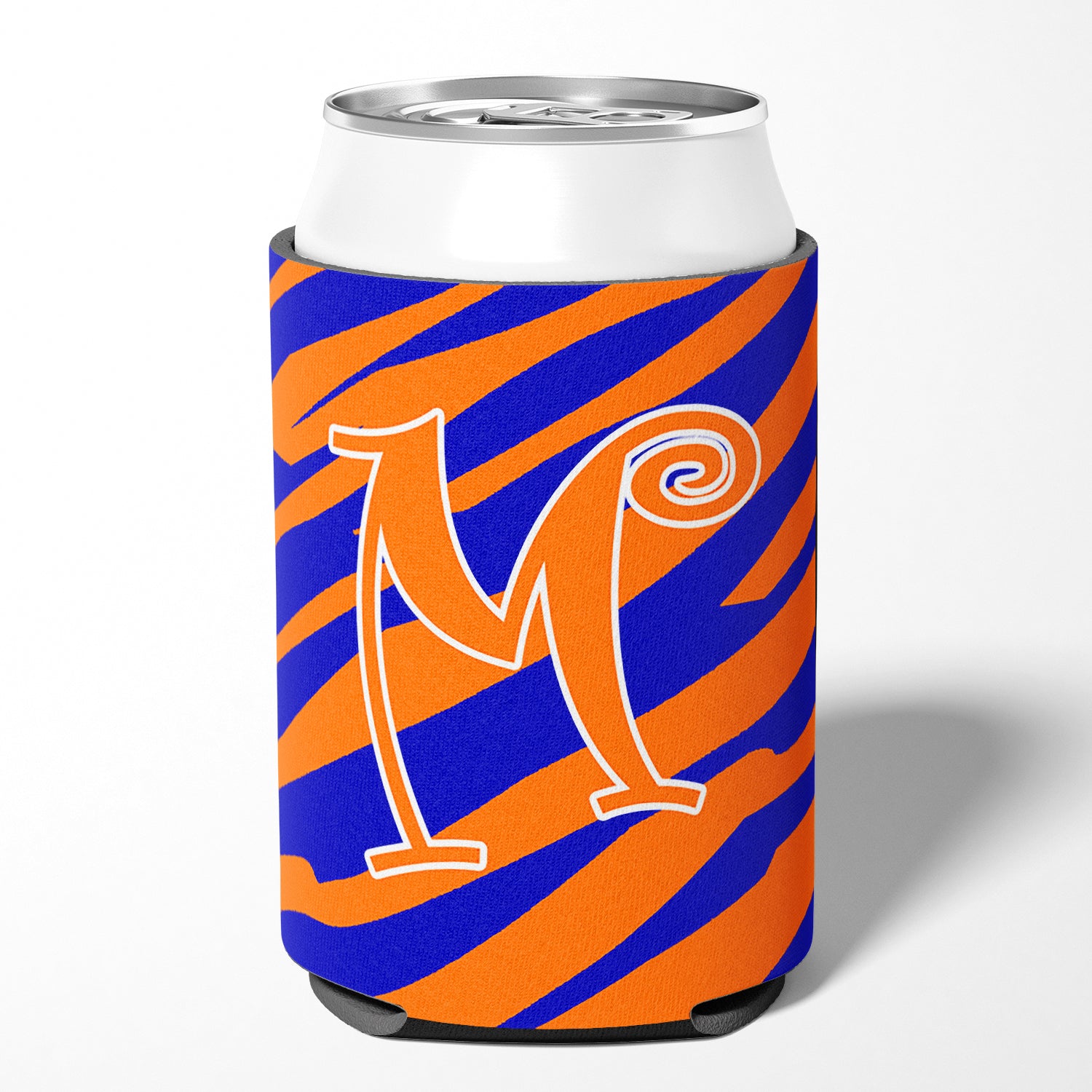 Letter M Initial Monogram - Tiger Stripe Blue and Orange Can Beverage Insulator Hugger