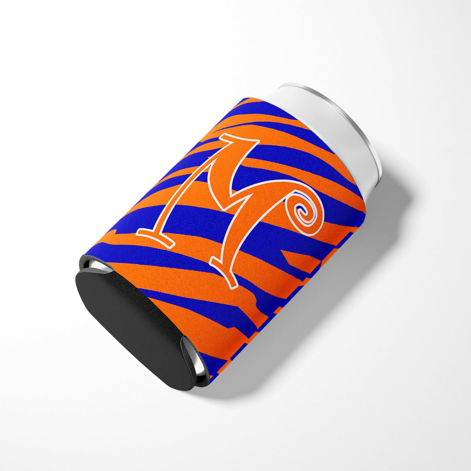 Letter M Initial Monogram - Tiger Stripe Blue and Orange Can Beverage Insulator Hugger