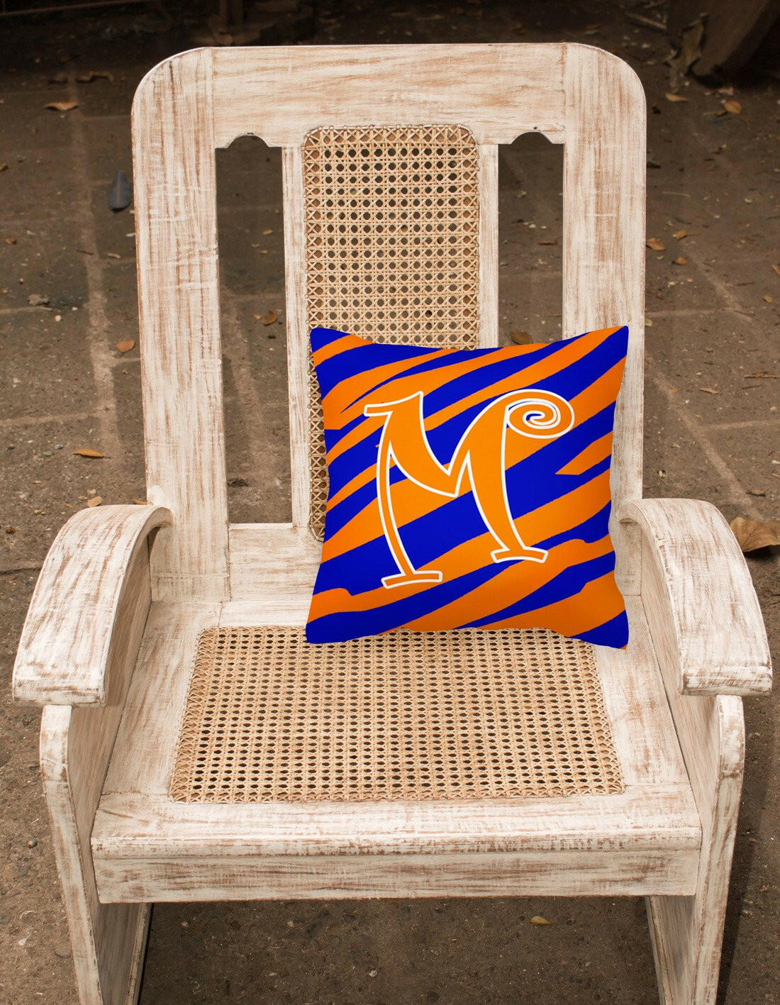 Monogram Initial M Tiger Stripe Blue and Orange Decorative Canvas Fabric Pillow - the-store.com