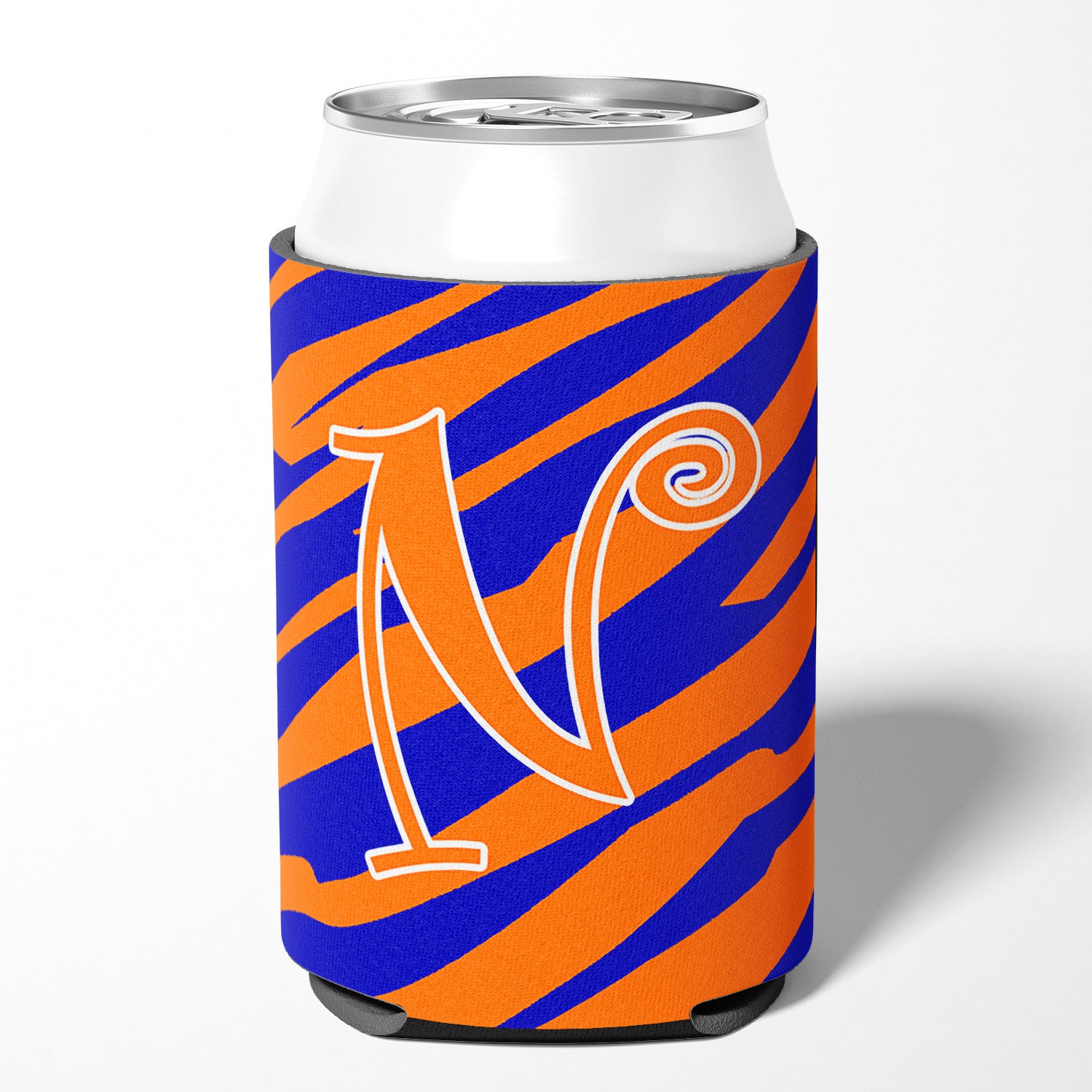 Monogramme initial de la lettre N - Tiger Stripe Blue and Orange Can Beverage Insulator Hugger