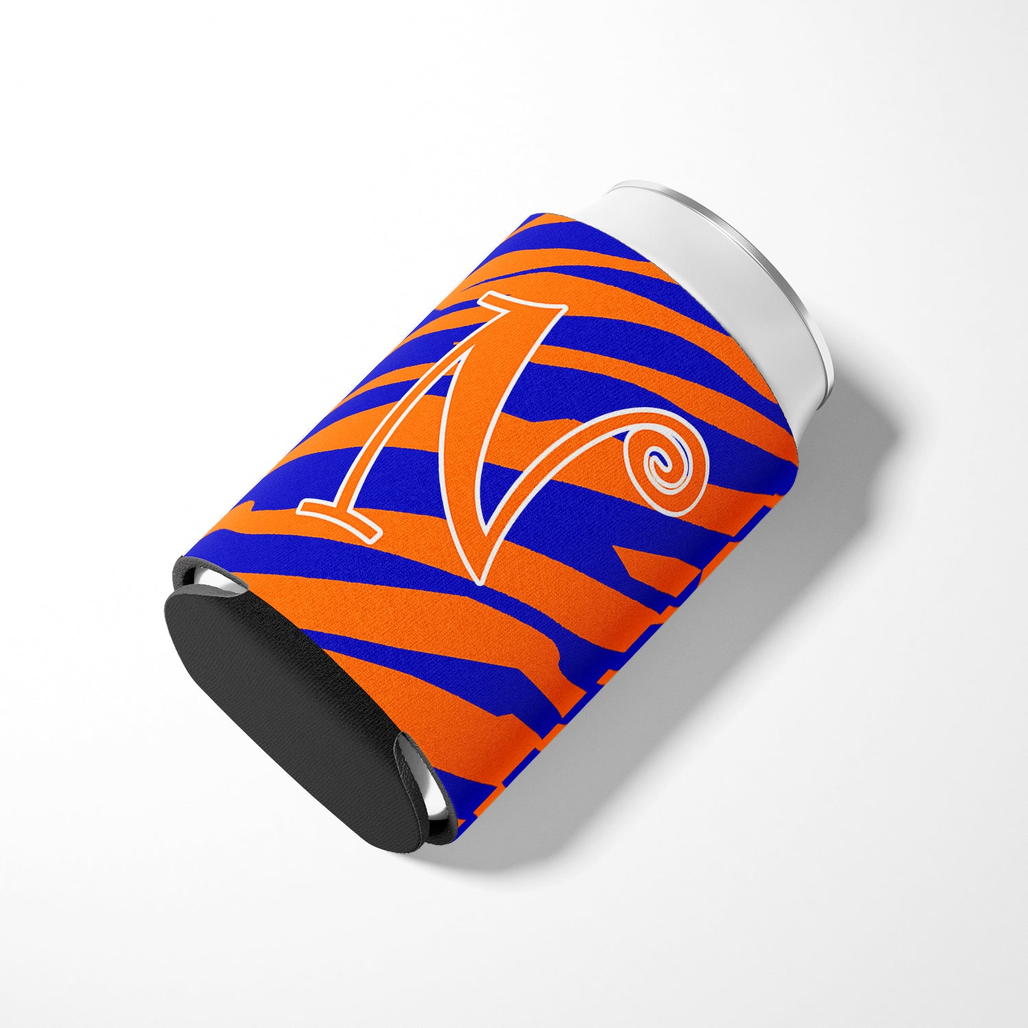 Letter N Initial Monogram - Tiger Stripe Blue and Orange Can Beverage Insulator Hugger.