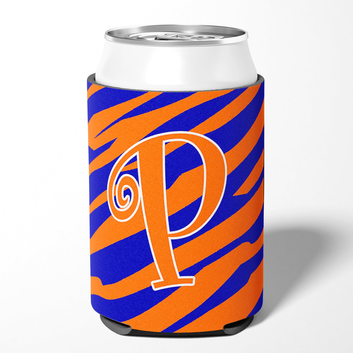 Letter P Initial Monogram - Tiger Stripe Blue and Orange Can Beverage Insulator Hugger