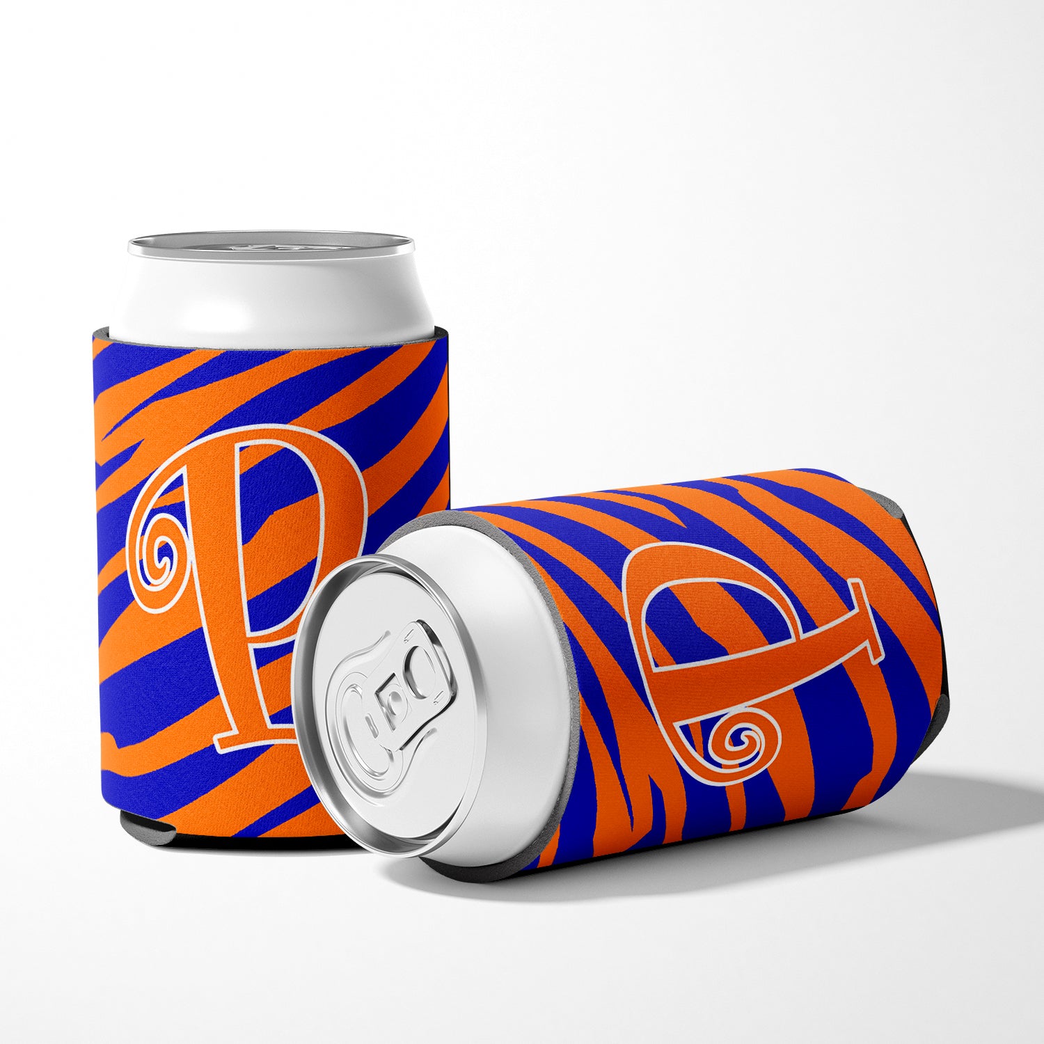 Letter P Initial Monogram - Tiger Stripe Blue and Orange Can Beverage Insulator Hugger.
