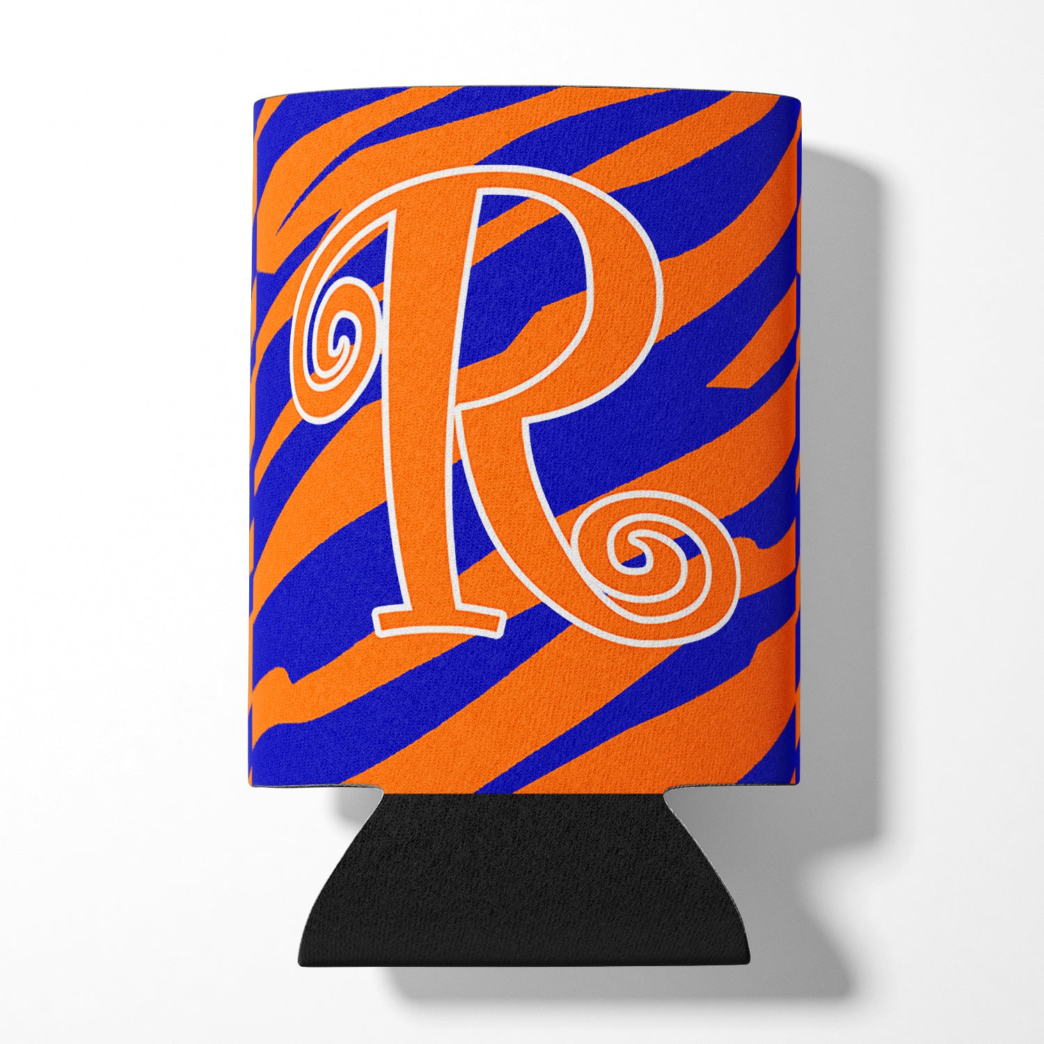 Letter R Initial Monogram - Tiger Stripe Blue and Orange Can Beverage Insulator Hugger