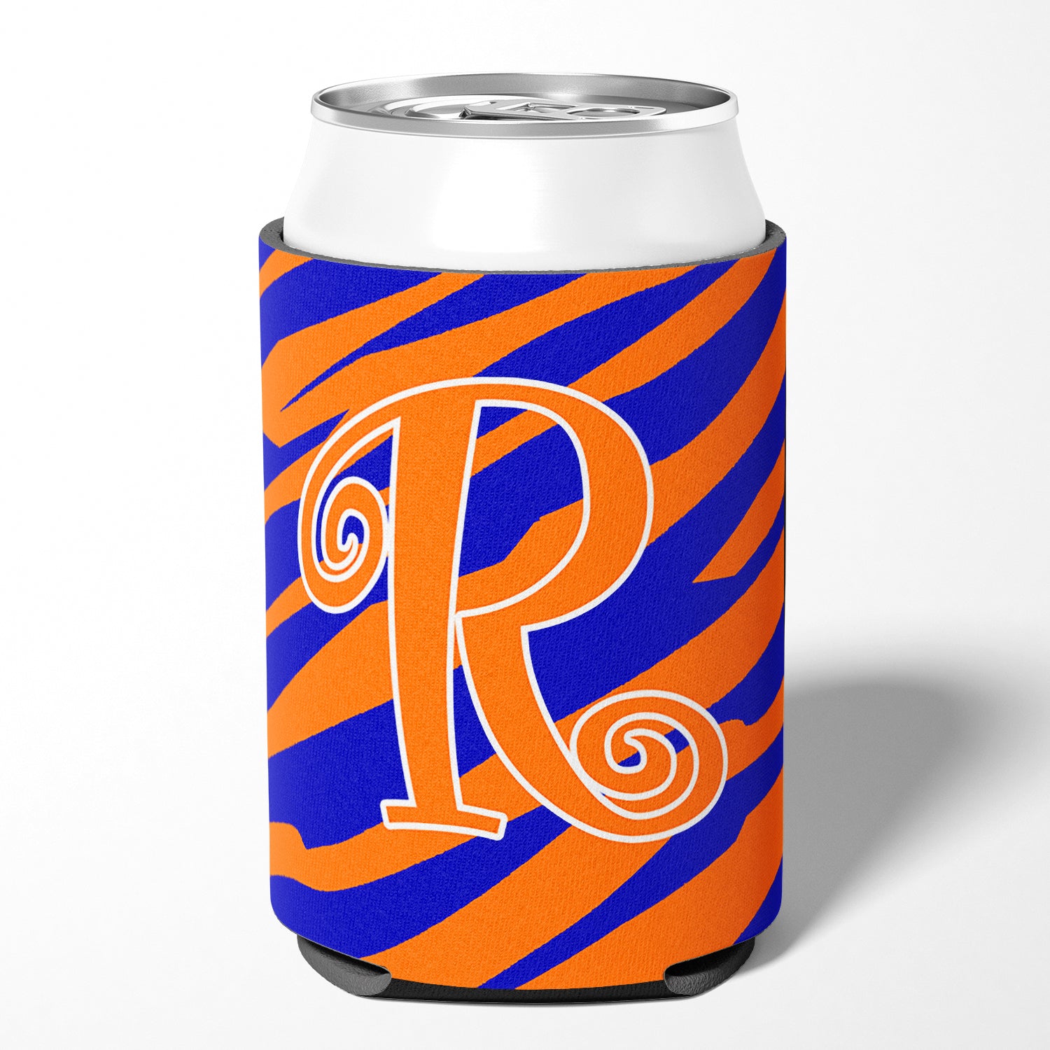 Letter R Initial Monogram - Tiger Stripe Blue and Orange Can Beverage Insulator Hugger.