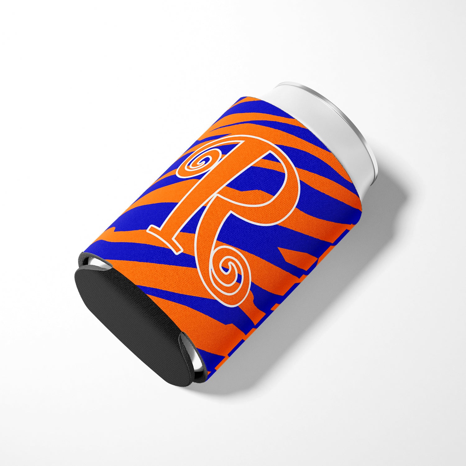 Letter R Initial Monogram - Tiger Stripe Blue and Orange Can Beverage Insulator Hugger.