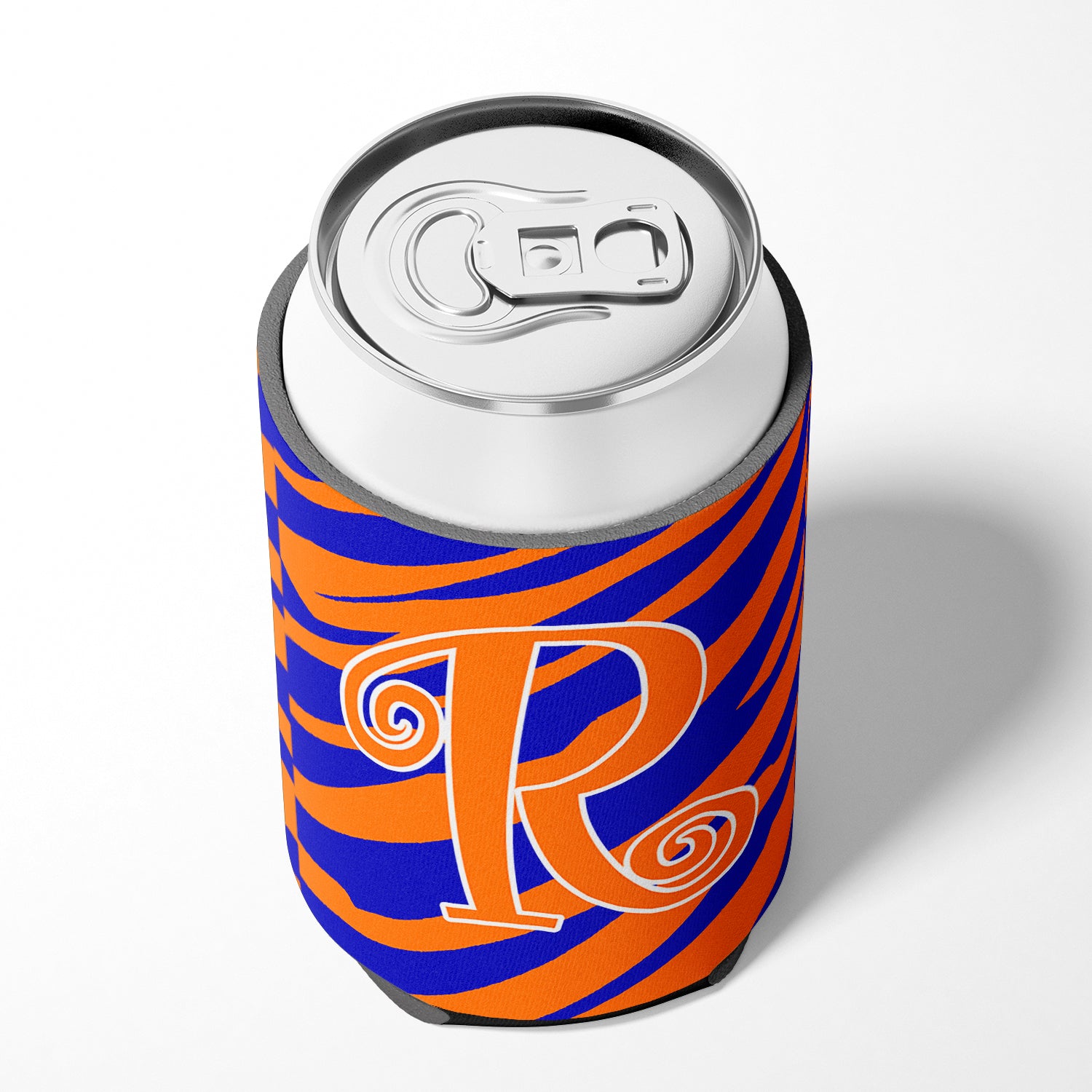 Letter R Initial Monogram - Tiger Stripe Blue and Orange Can Beverage Insulator Hugger