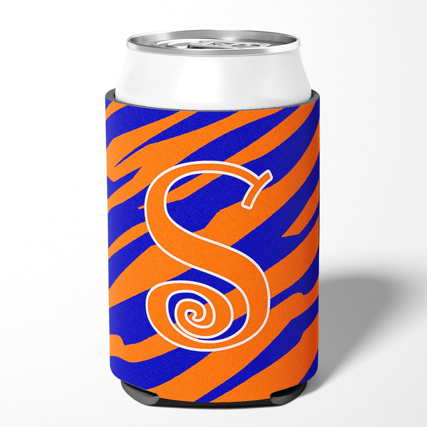 Letter S Initial Monogram - Tiger Stripe Blue and Orange Can Beverage Insulator Hugger