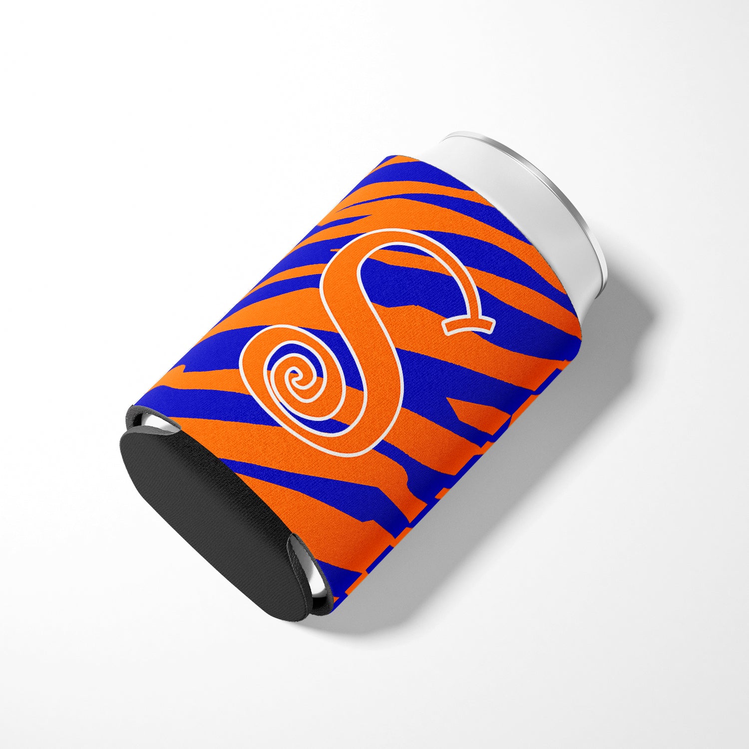 Letter S Initial Monogram - Tiger Stripe Blue and Orange Can Beverage Insulator Hugger.