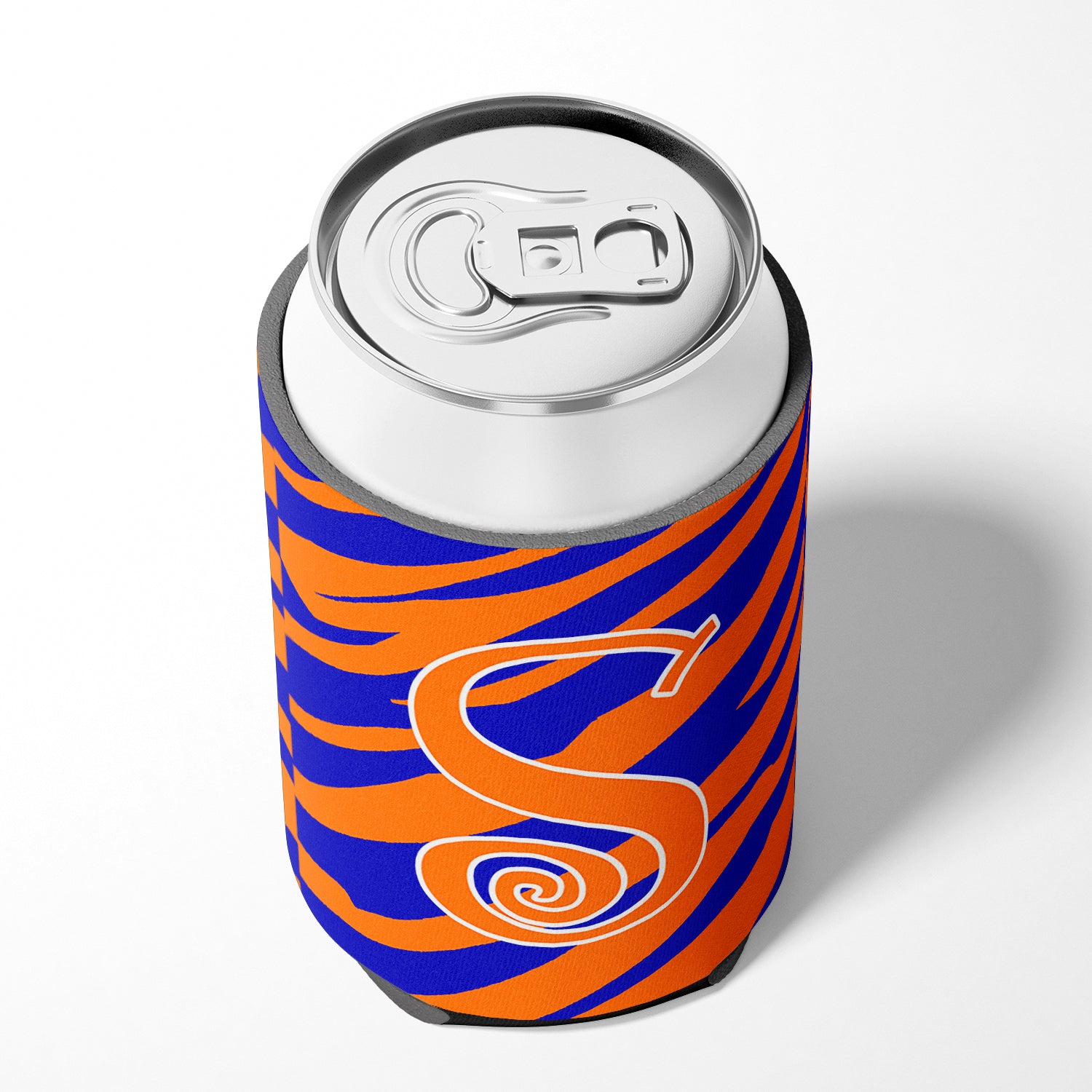 Letter S Initial Monogram - Tiger Stripe Blue and Orange Can Beverage Insulator Hugger