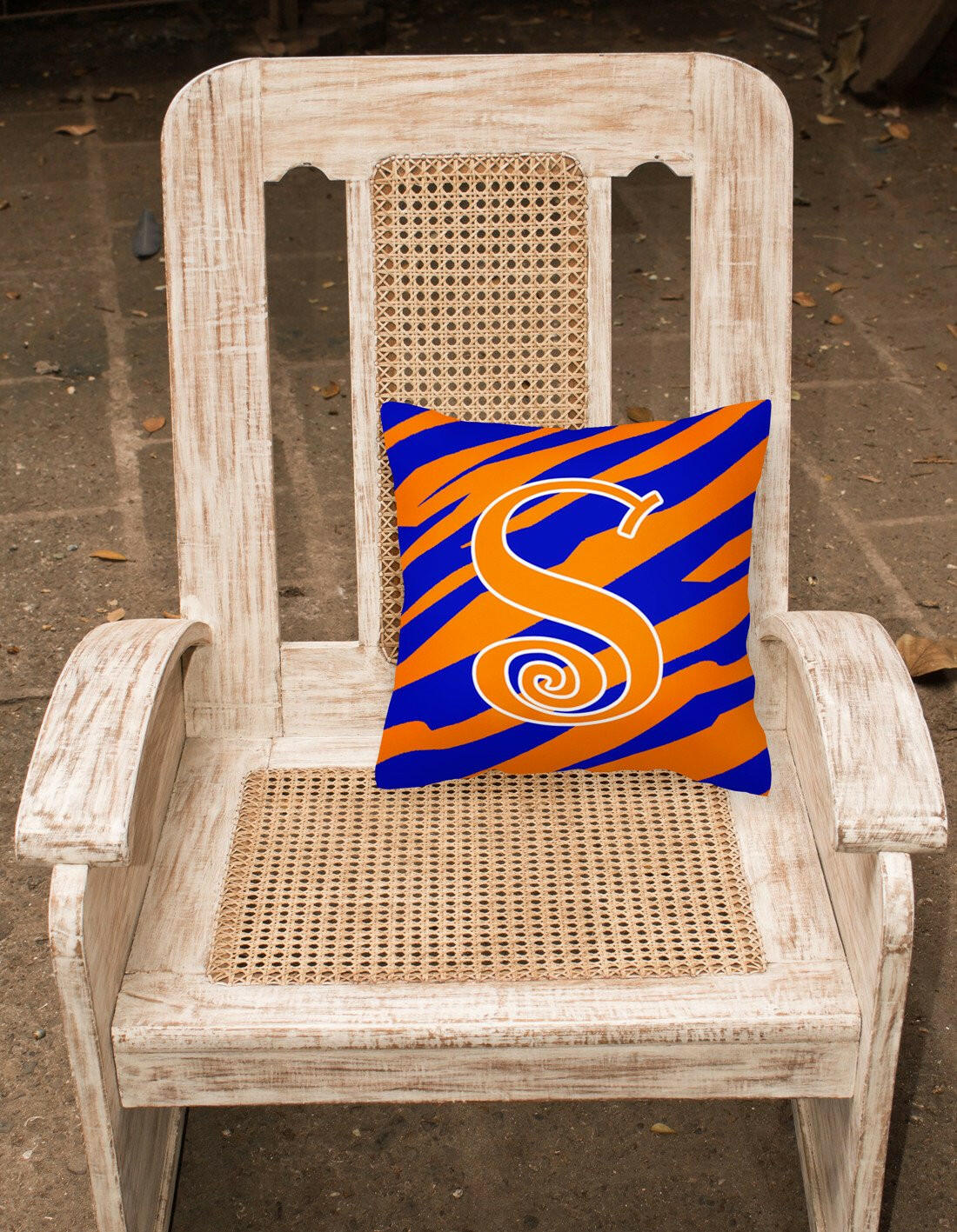Monogram Initial S Tiger Stripe Blue and Orange Decorative Canvas Fabric Pillow - the-store.com