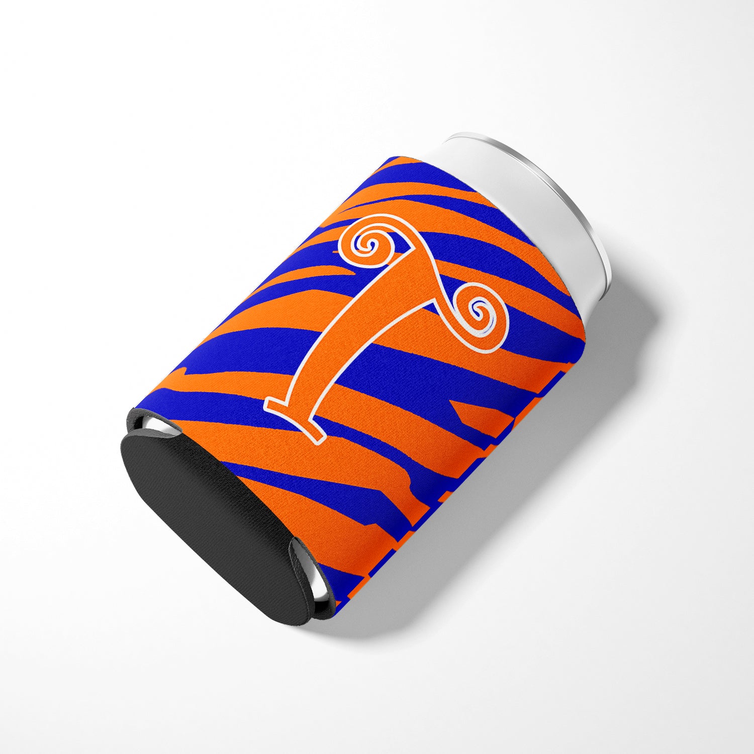Letter T Initial Monogram - Tiger Stripe Blue and Orange Can Beverage Insulator Hugger