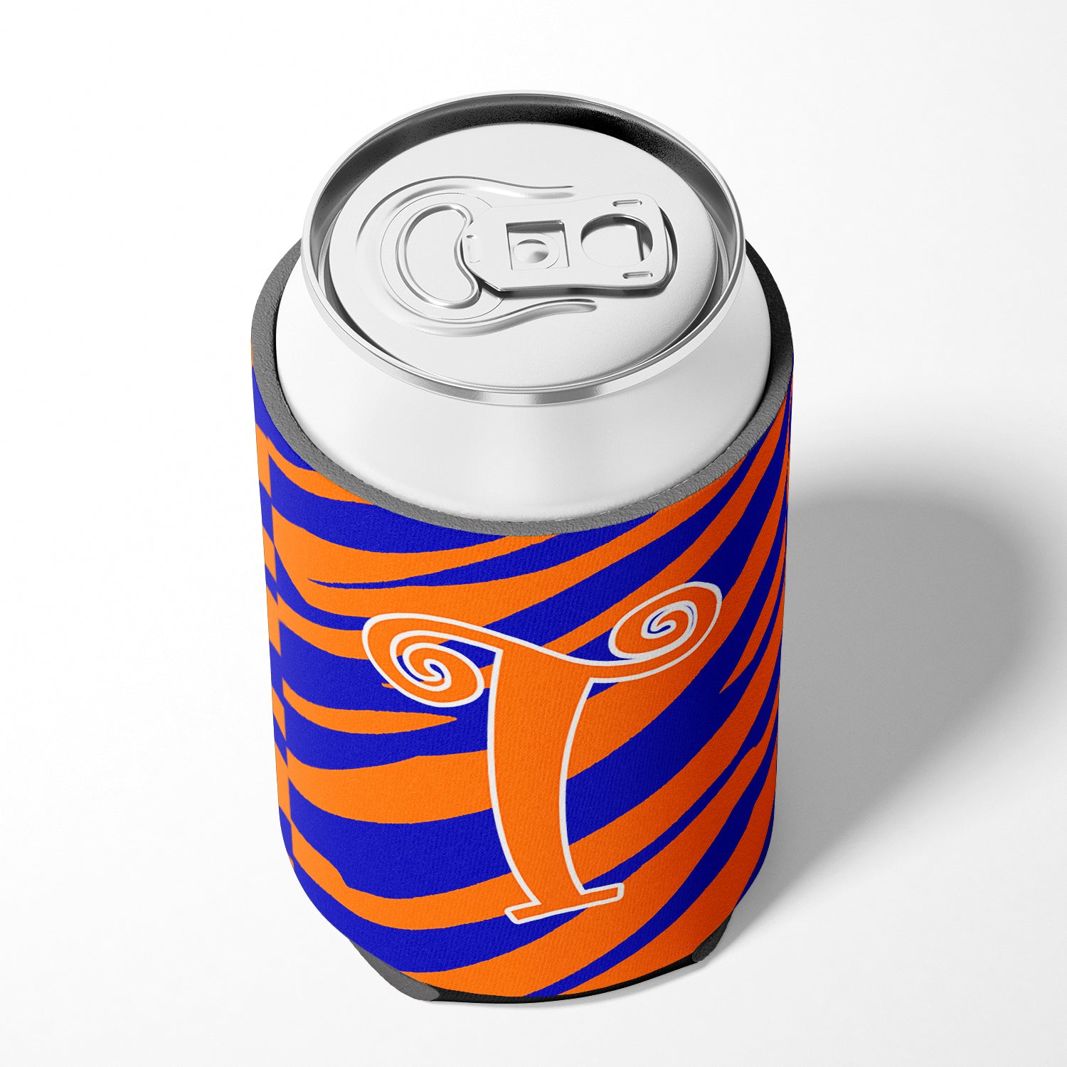 Letter T Initial Monogram - Tiger Stripe Blue and Orange Can Beverage Insulator Hugger