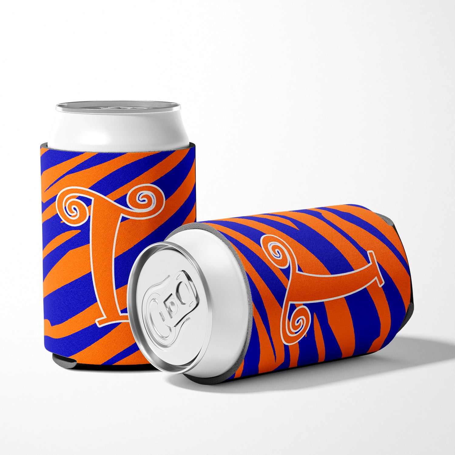 Letter T Initial Monogram - Tiger Stripe Blue and Orange Can Beverage Insulator Hugger.