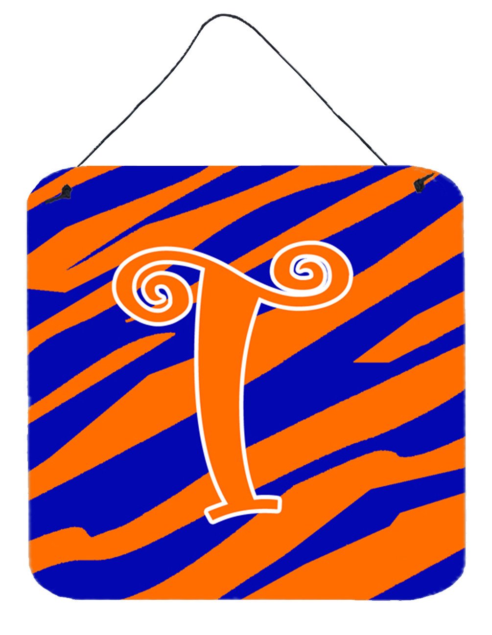 Letter T Initial  Tiger Stripe Blue and Orange Wall or Door Hanging Prints by Caroline&#39;s Treasures