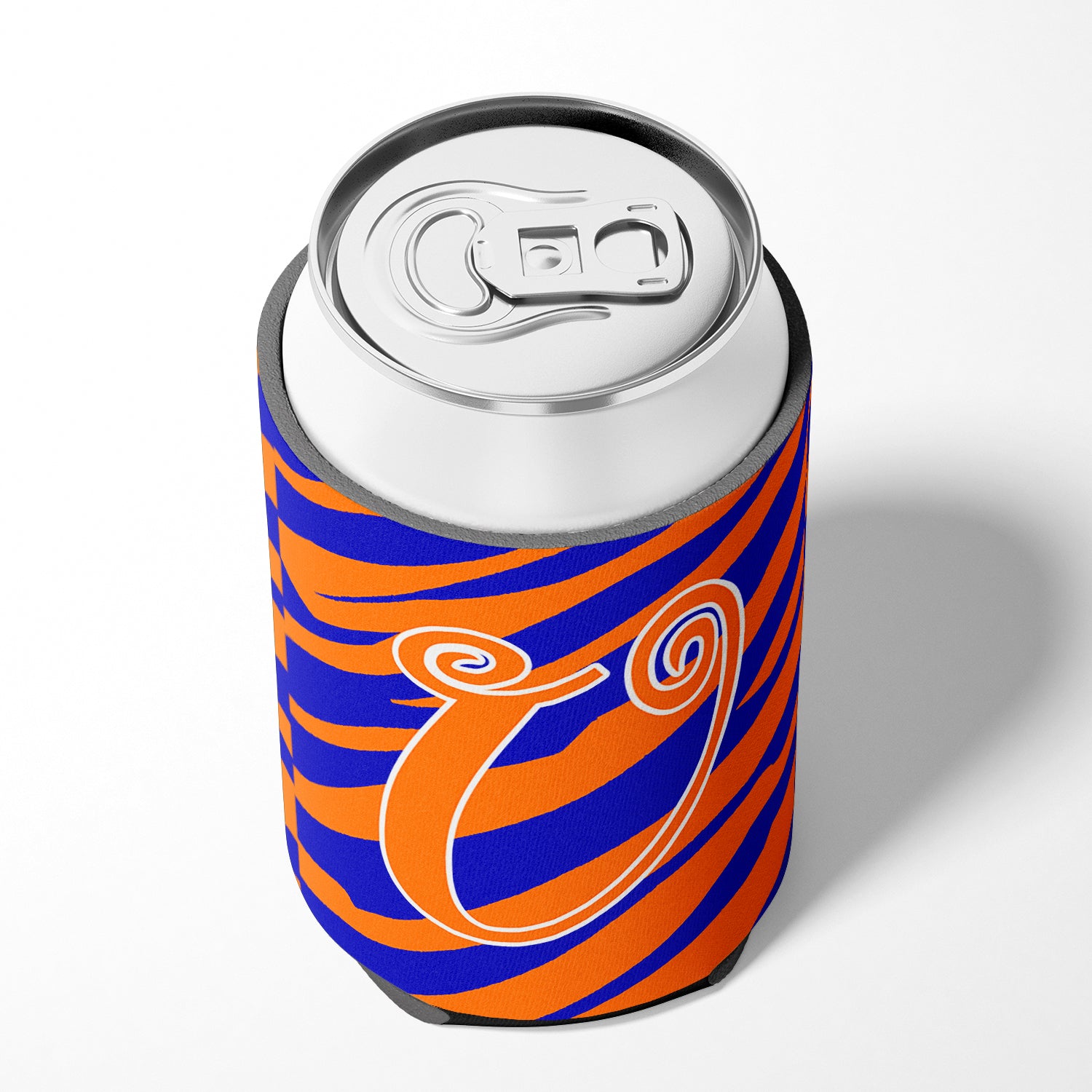Letter U Initial Monogram - Tiger Stripe Blue and Orange Can Beverage Insulator Hugger.
