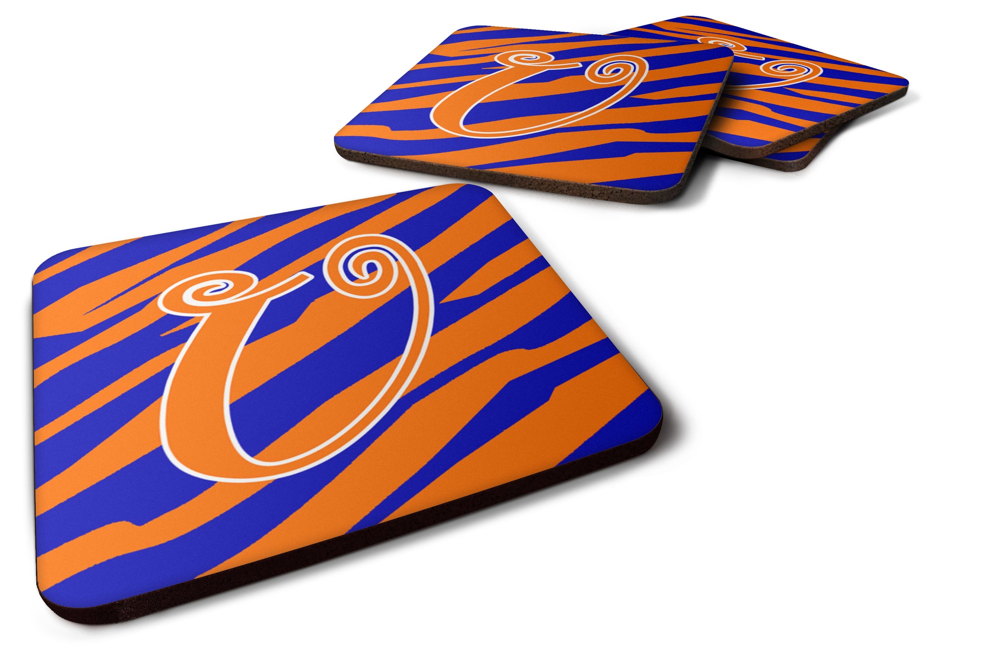 Set of 4 Monogram - Tiger Stripe Blue and Orange Foam Coasters Initial Letter U - the-store.com