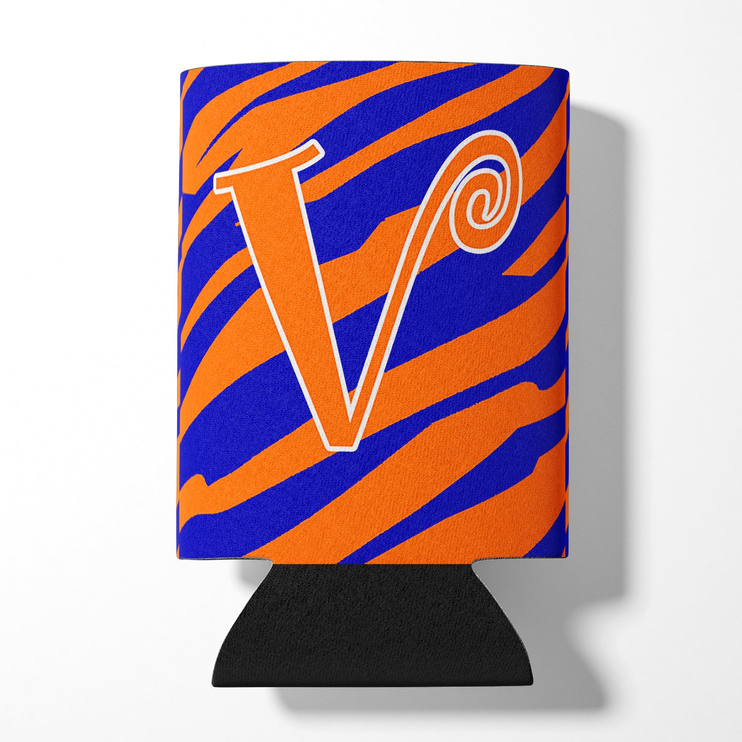 Monogramme initial de la lettre V - Tiger Stripe Blue and Orange Can Beverage Insulator Hugger