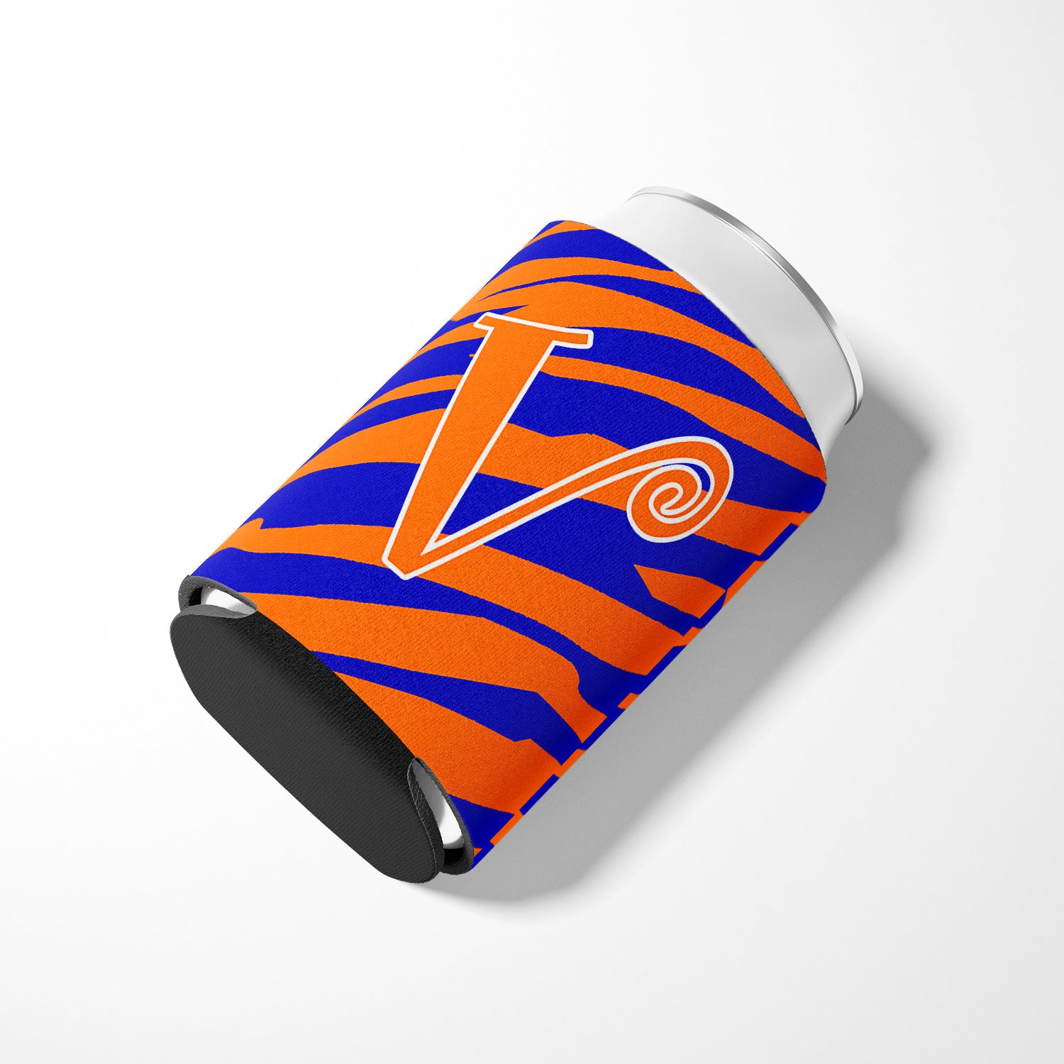 Letter V Initial Monogram - Tiger Stripe Blue and Orange Can Beverage Insulator Hugger