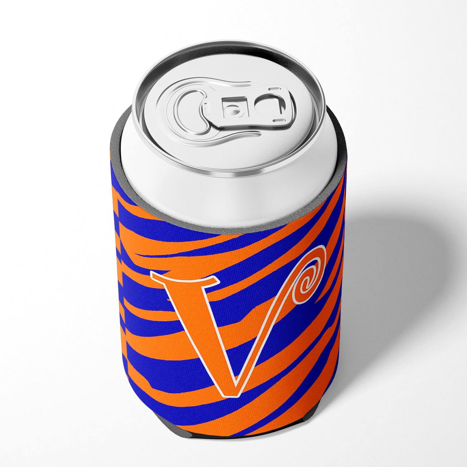 Letter V Initial Monogram - Tiger Stripe Blue and Orange Can Beverage Insulator Hugger.