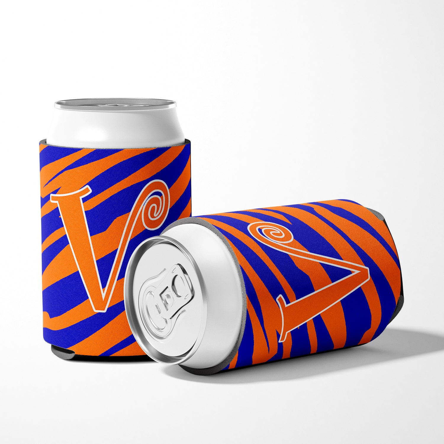 Letter V Initial Monogram - Tiger Stripe Blue and Orange Can Beverage Insulator Hugger.