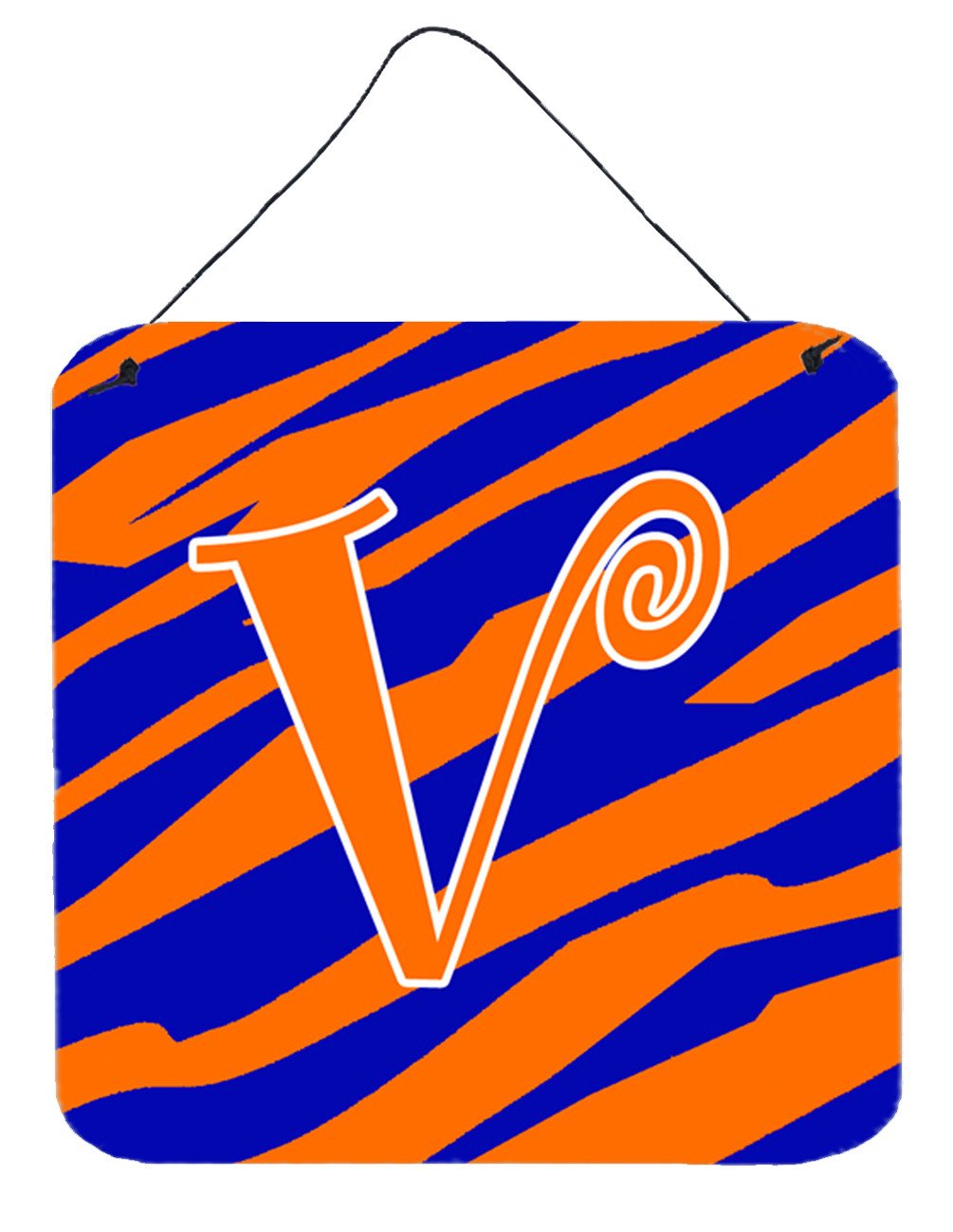 Letter V Initial  Tiger Stripe Blue and Orange Wall or Door Hanging Prints by Caroline&#39;s Treasures