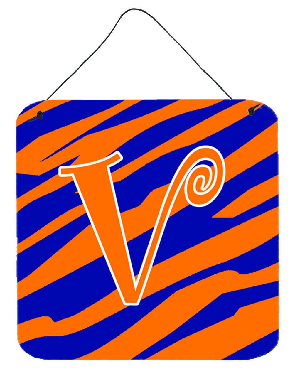 Letter V Initial  Tiger Stripe Blue and Orange Wall or Door Hanging Prints by Caroline's Treasures