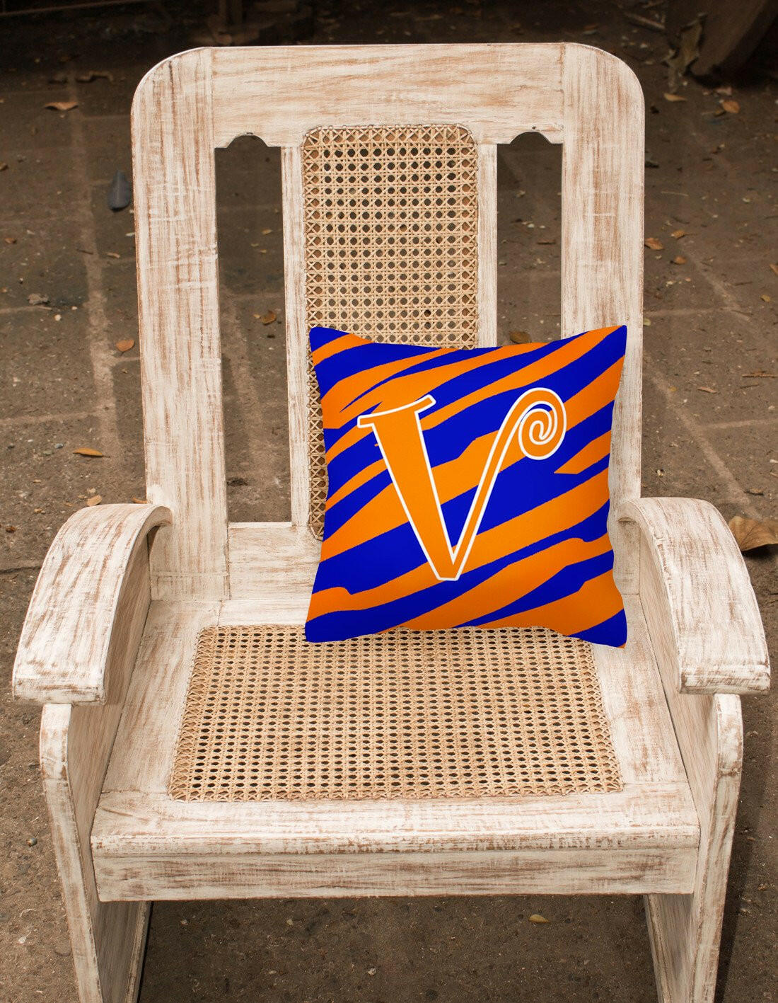 Monogram Initial V Tiger Stripe Blue and Orange Decorative Canvas Fabric Pillow - the-store.com