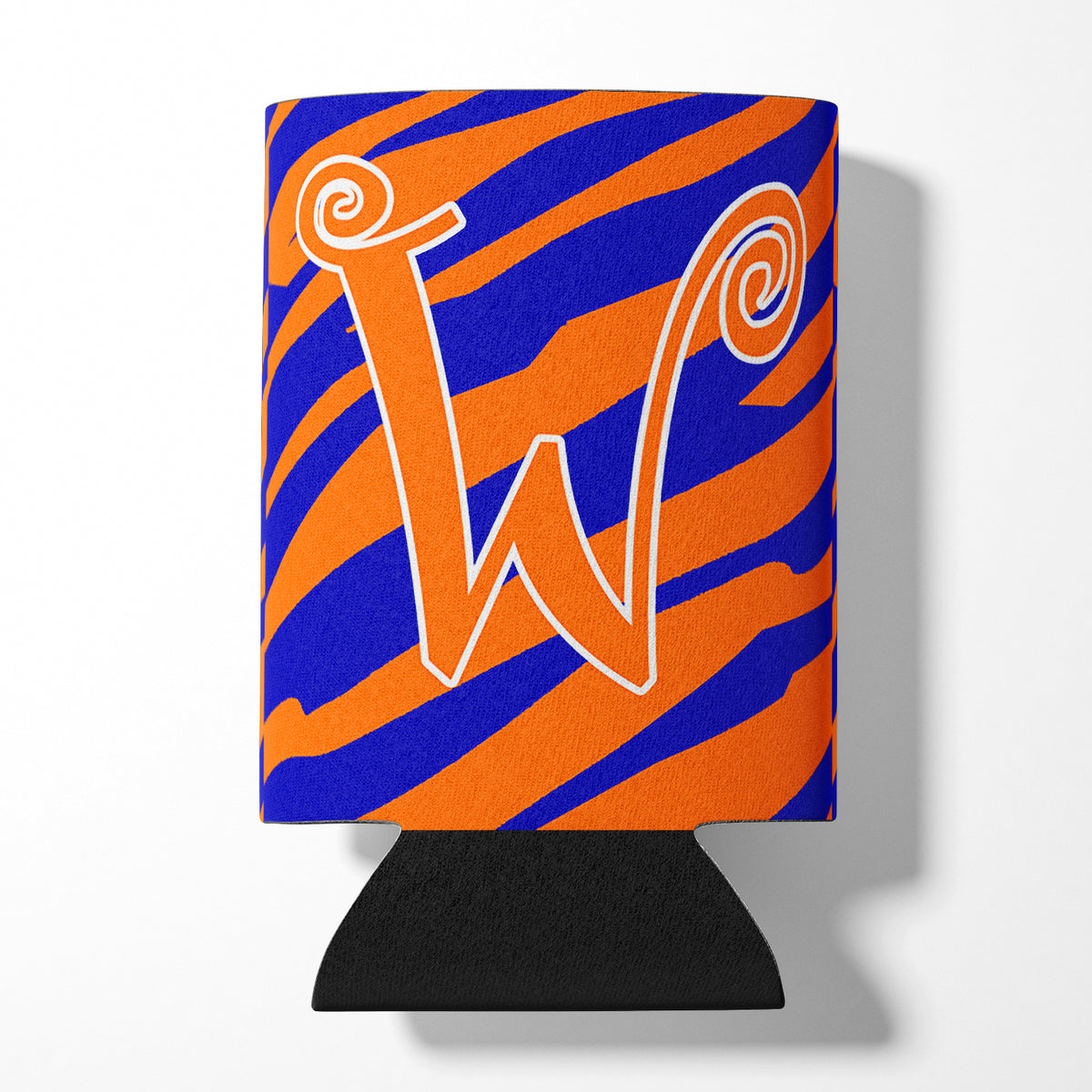Letter W Initial Monogram - Tiger Stripe Blue and Orange Can Beverage Insulator Hugger