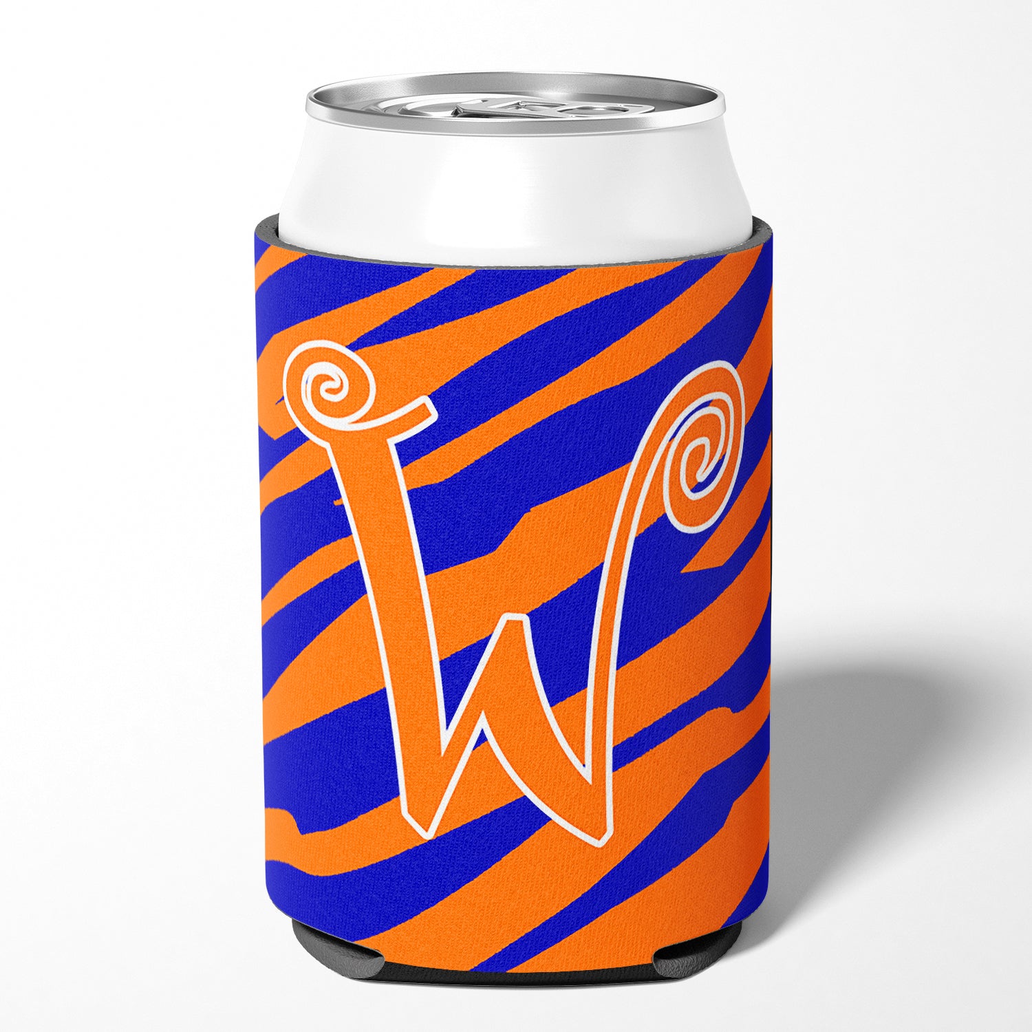 Monogramme initial de la lettre W - Tiger Stripe Blue and Orange Can Beverage Insulator Hugger