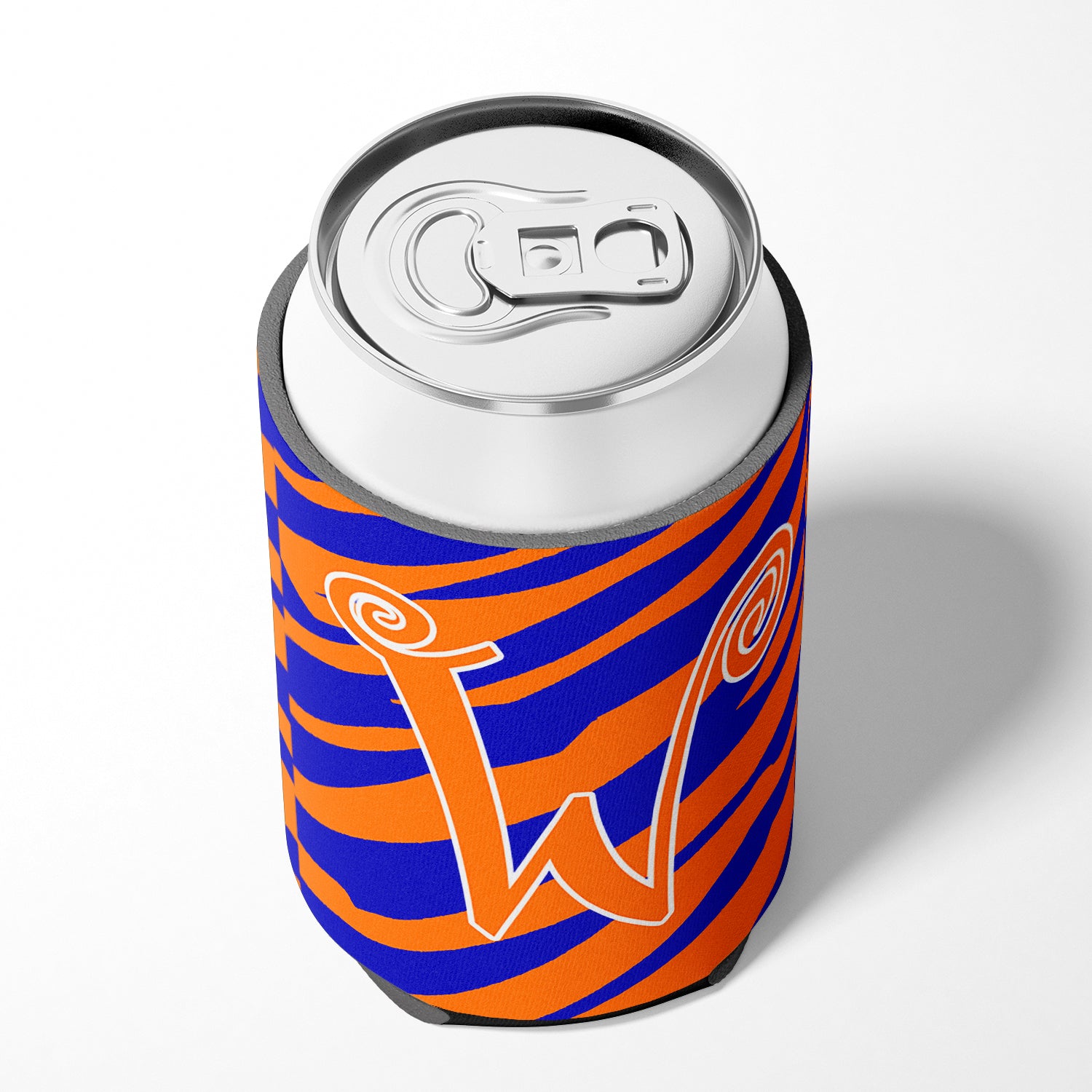 Letter W Initial Monogram - Tiger Stripe Blue and Orange Can Beverage Insulator Hugger