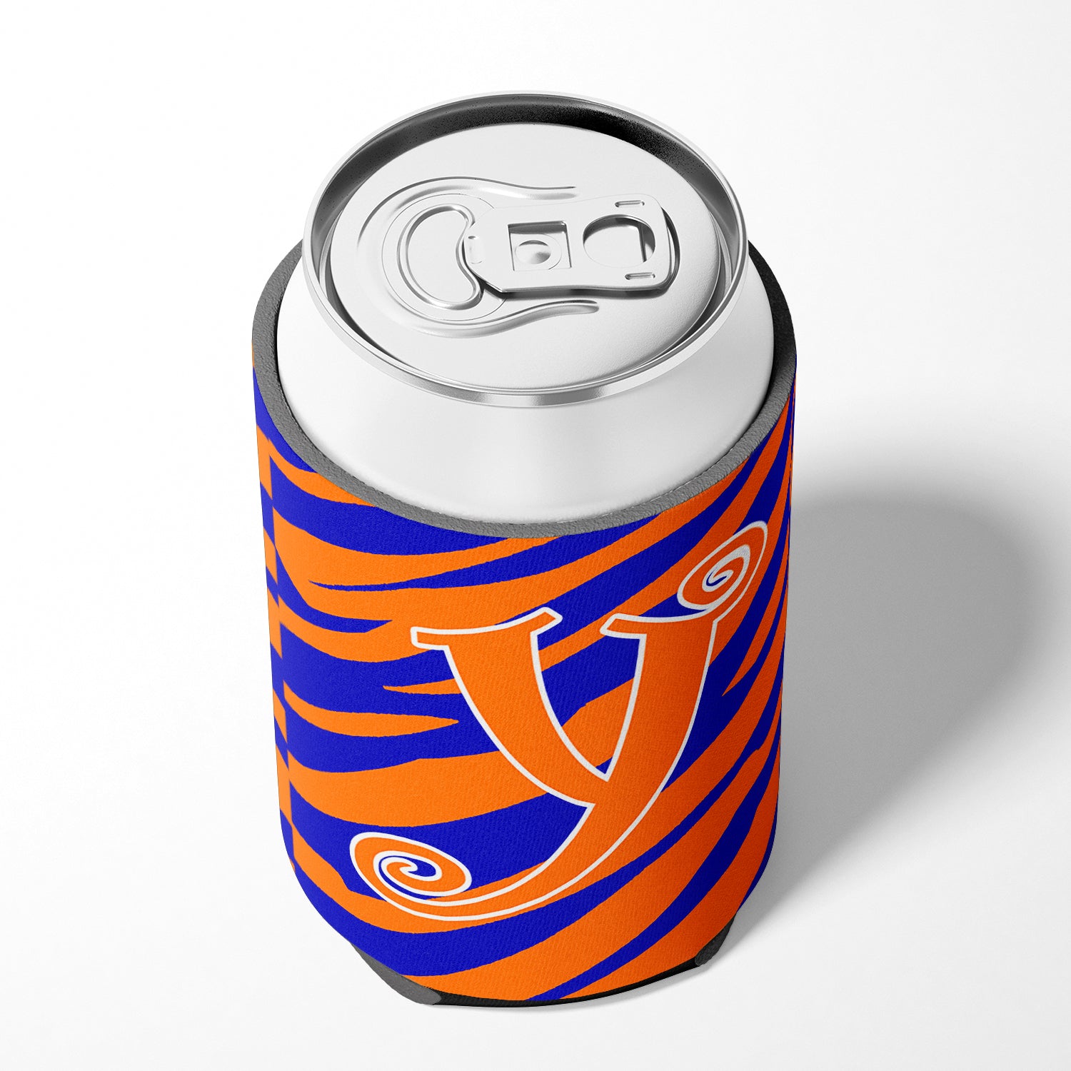 Letter Y Initial Monogram - Tiger Stripe Blue and Orange Can Beverage Insulator Hugger.