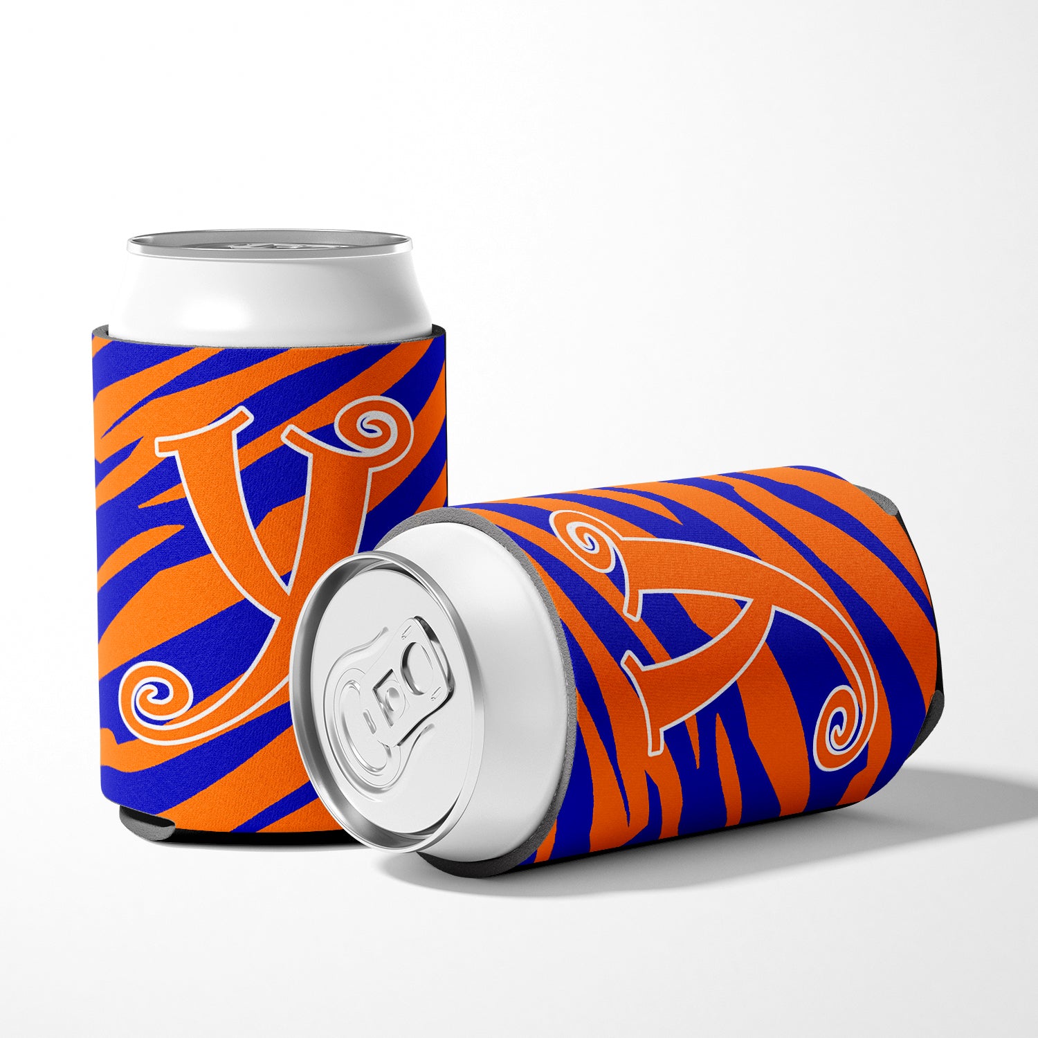 Letter Y Initial Monogram - Tiger Stripe Blue and Orange Can Beverage Insulator Hugger