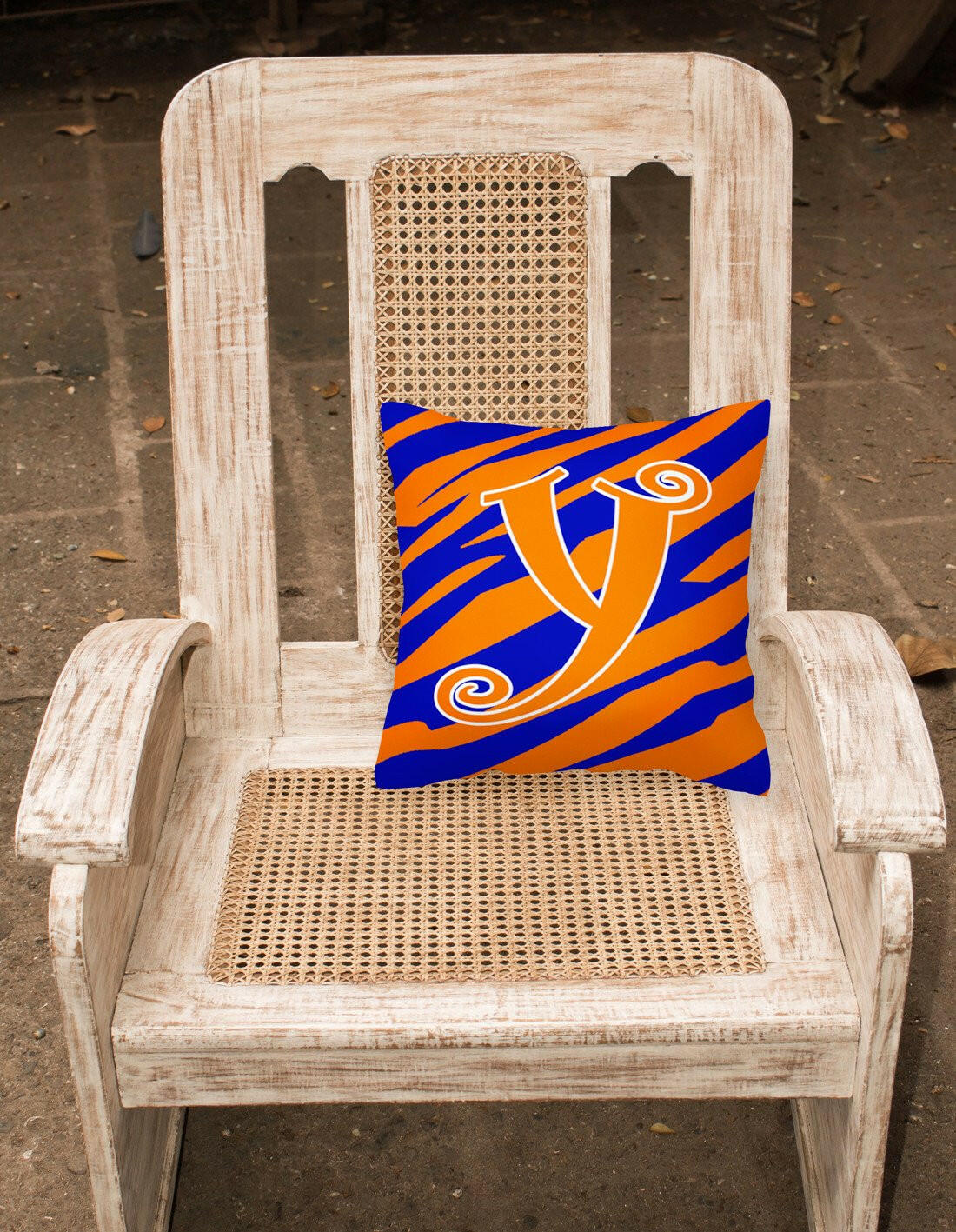 Monogram Initial Y Tiger Stripe Blue and Orange Decorative Canvas Fabric Pillow - the-store.com