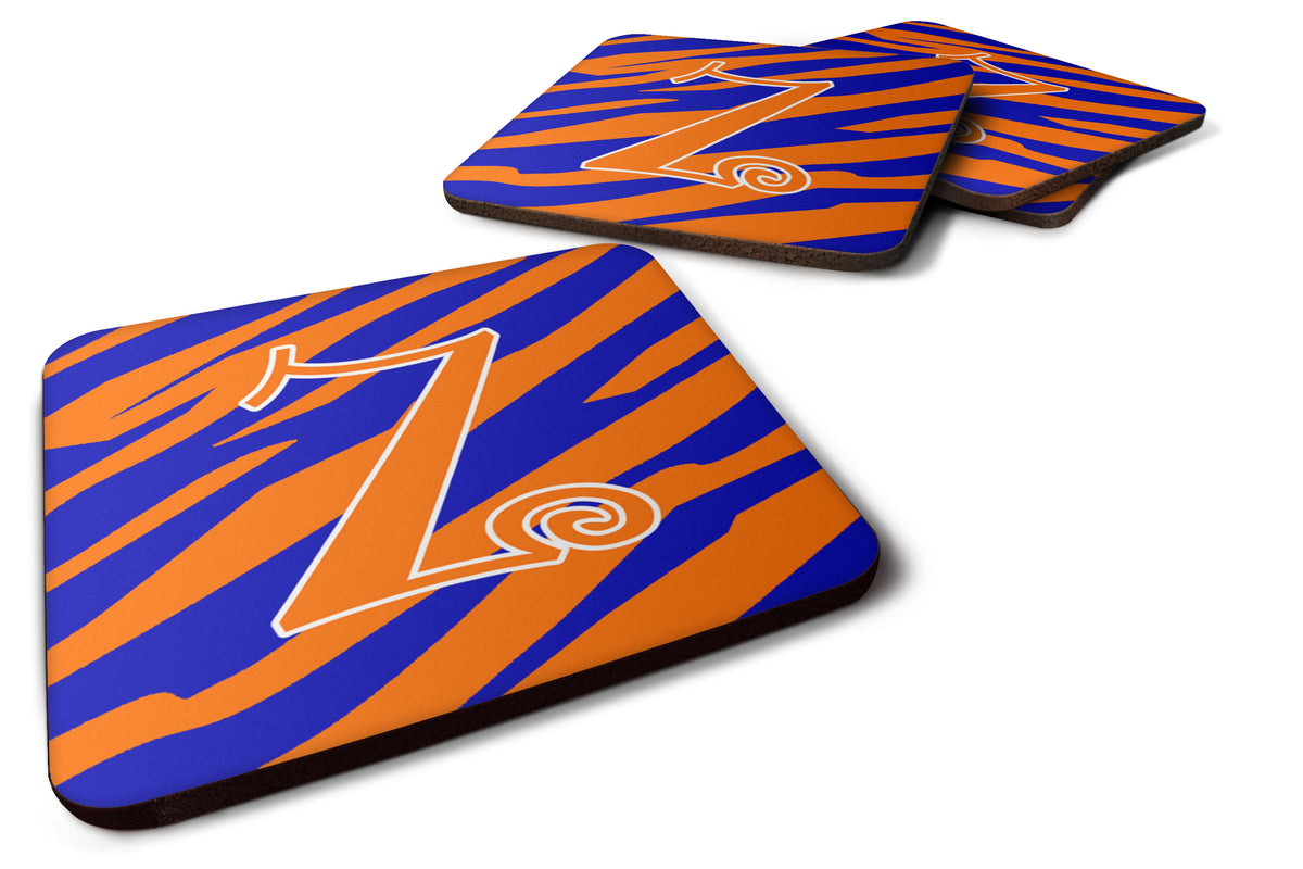 Set of 4 Monogram - Tiger Stripe Blue and Orange Foam Coasters Initial Letter Z - the-store.com