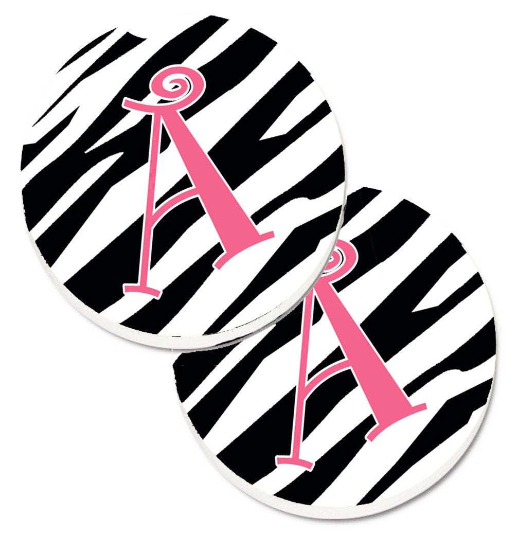 Letter A Monogram - Zebra Stripe and Pink Set of 2 Cup Holder Car Coasters CJ1037-ACARC by Caroline&#39;s Treasures