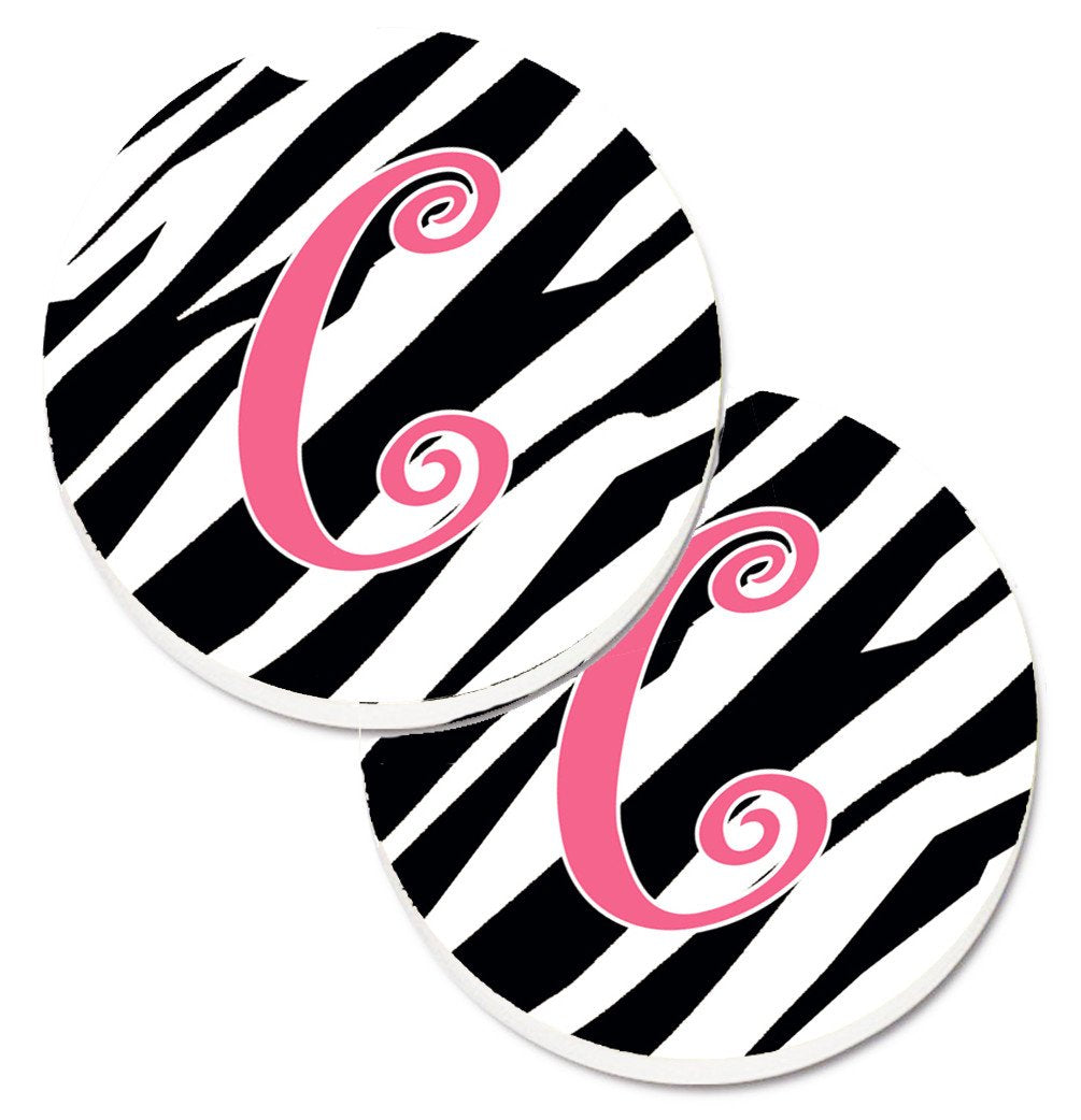 Monogram Initial C  Zebra Stripe and Pink Set of 2 Cup Holder Car Coasters CJ1037-CCARC by Caroline&#39;s Treasures