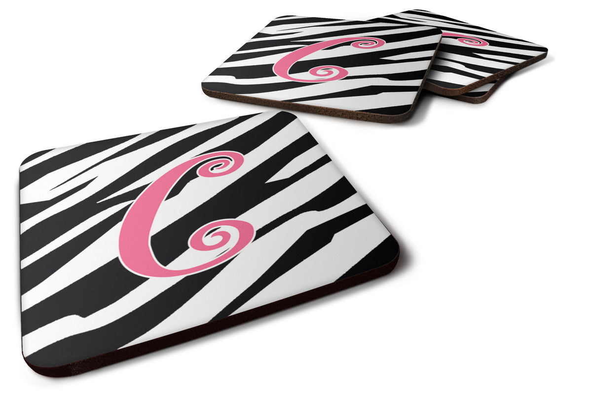 Set of 4 Monogram - Zebra Stripe and Pink Foam Coasters Initial Letter C - the-store.com