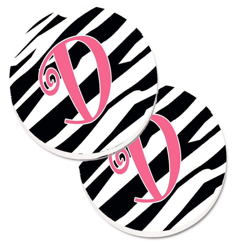 Monogram Initial D Zebra Stripe and Pink  Set of 2 Cup Holder Car Coasters CJ1037-DCARC by Caroline&#39;s Treasures