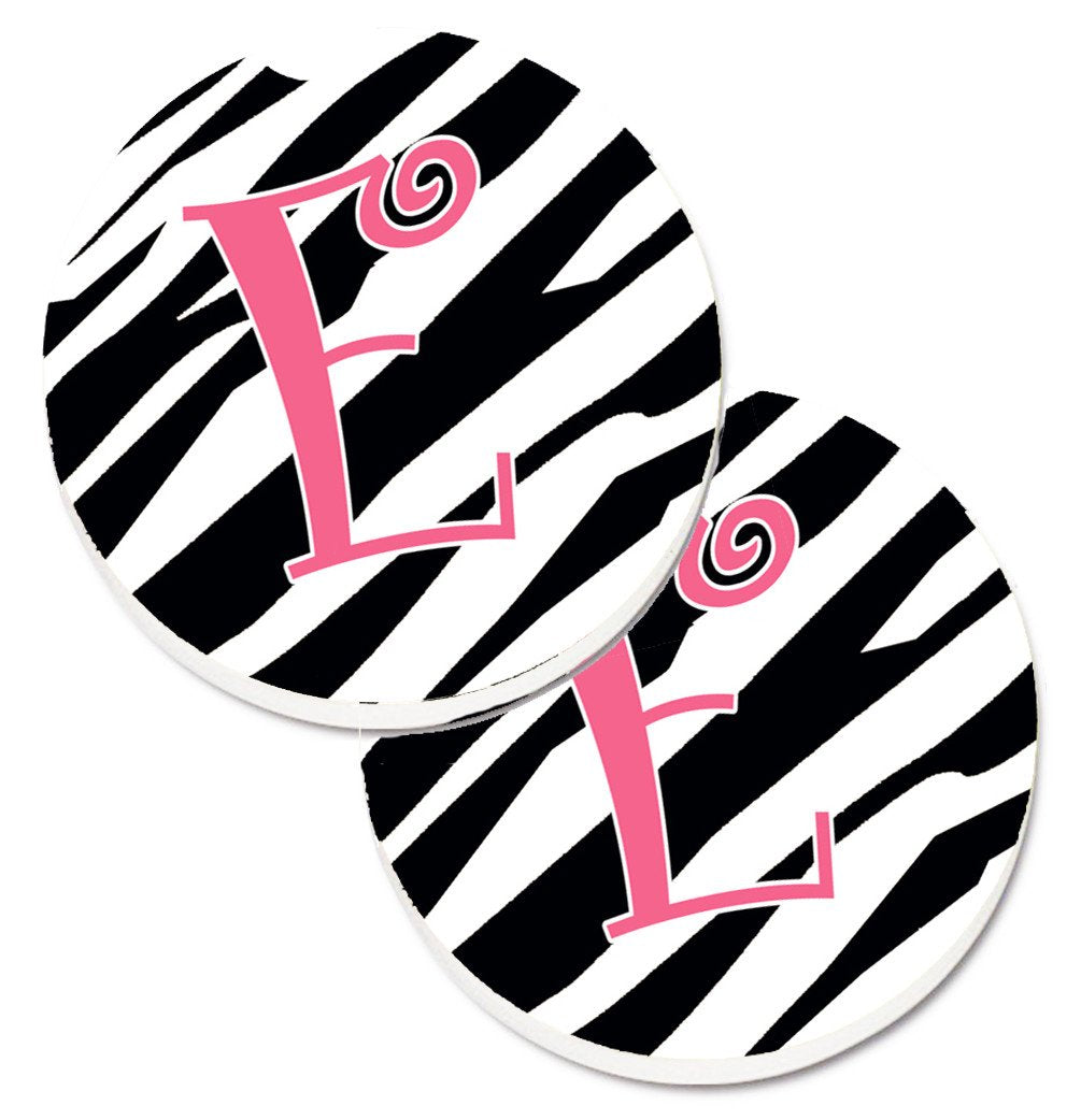 Monogram Initial E Zebra Stripe and Pink  Set of 2 Cup Holder Car Coasters CJ1037-ECARC by Caroline&#39;s Treasures