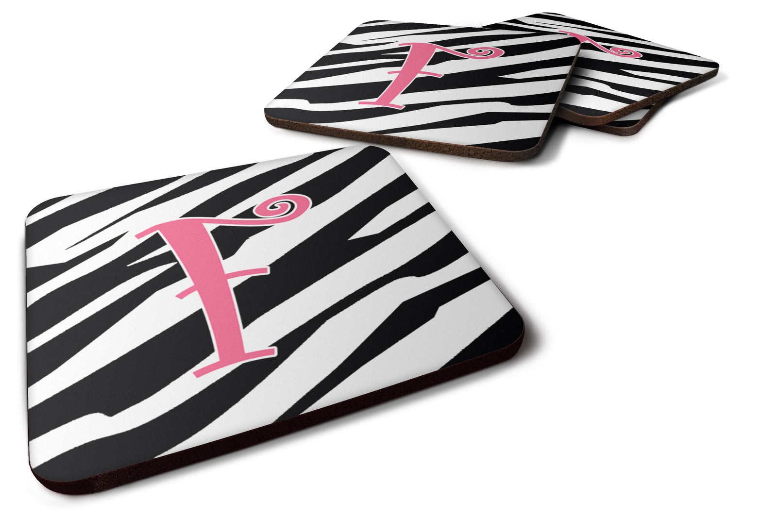 Set of 4 Monogram - Zebra Stripe and Pink Foam Coasters Initial Letter F - the-store.com