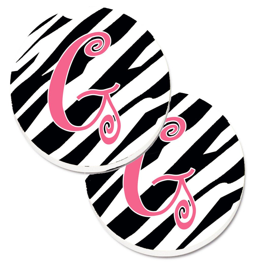 Monogram Initial G Zebra Stripe and Pink  Set of 2 Cup Holder Car Coasters CJ1037-GCARC by Caroline&#39;s Treasures
