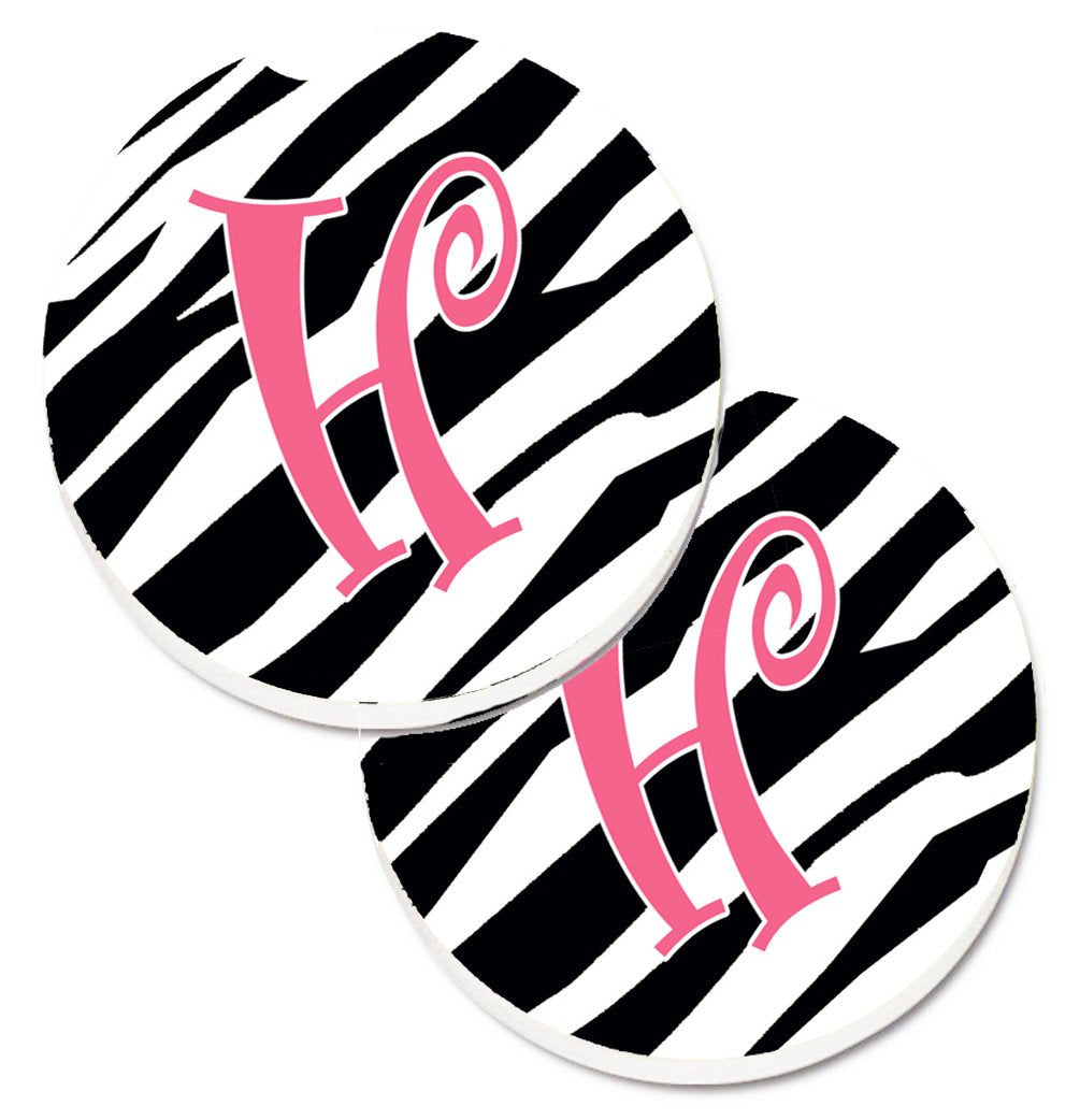 Monogram Initial H Zebra Stripe and Pink  Set of 2 Cup Holder Car Coasters CJ1037-HCARC by Caroline&#39;s Treasures